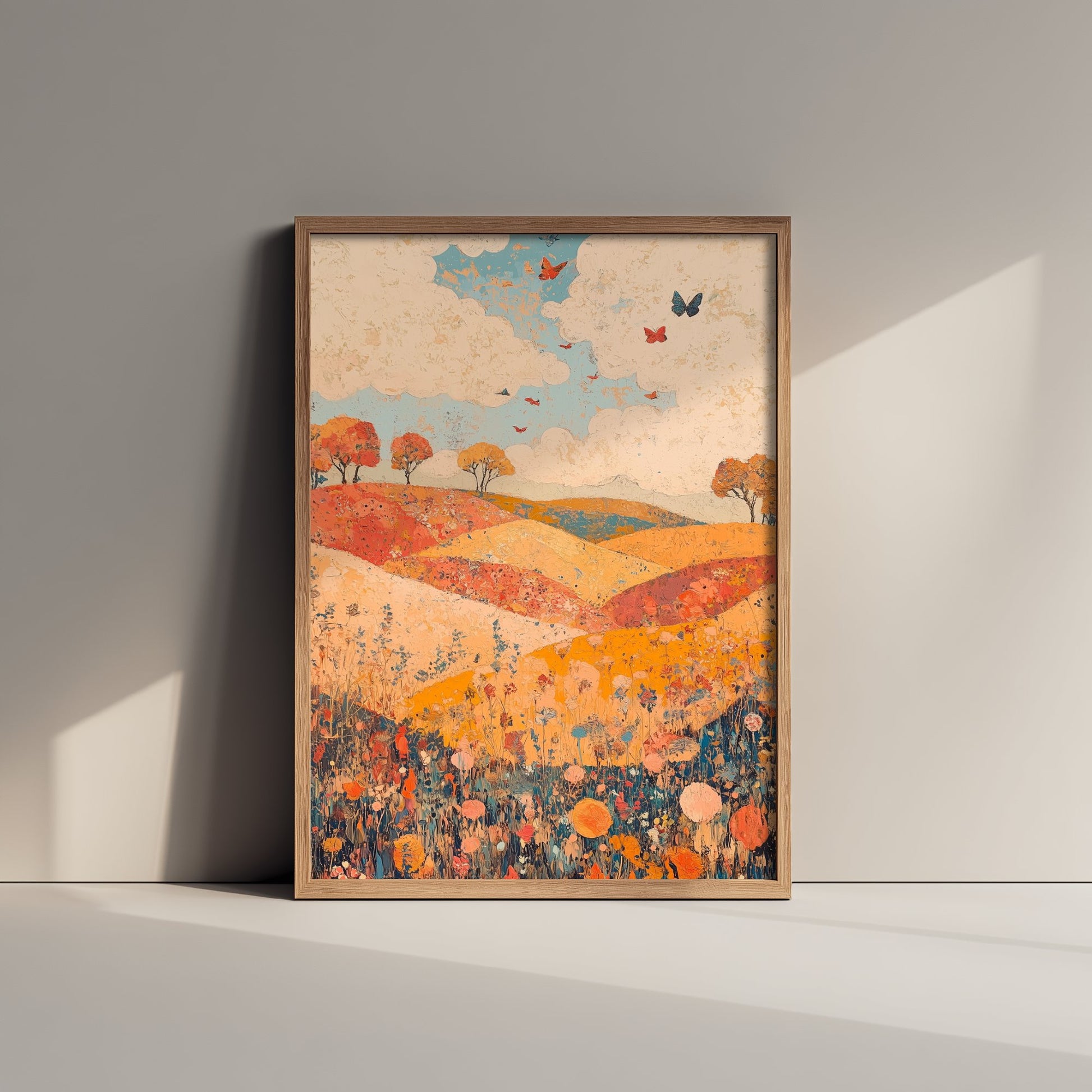 Rolling Hills Landscape Art Print - Butterfly Meadow Poster - Folk Art Painting - Celadon Ruby and Driftwood 3/3