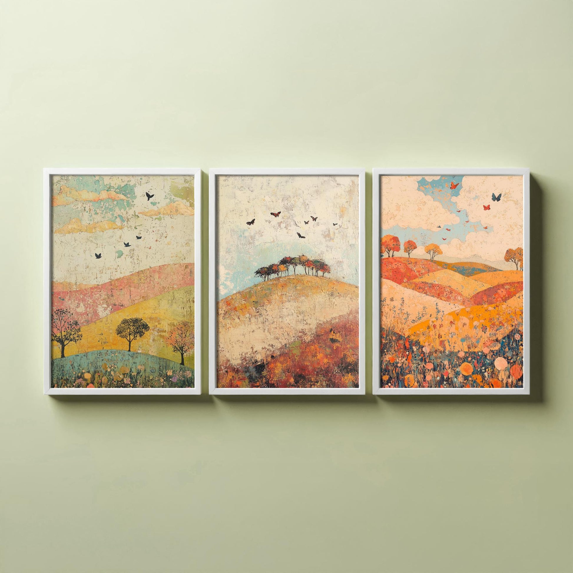 Rolling Hills Butterfly Set of Three Art Prints - Celadon Ruby and Driftwood - Folk Meadow Poster Illustration Gift