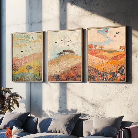Rolling Hills Butterfly Set of Three Art Prints - Celadon Ruby and Driftwood - Folk Meadow Poster Illustration Gift