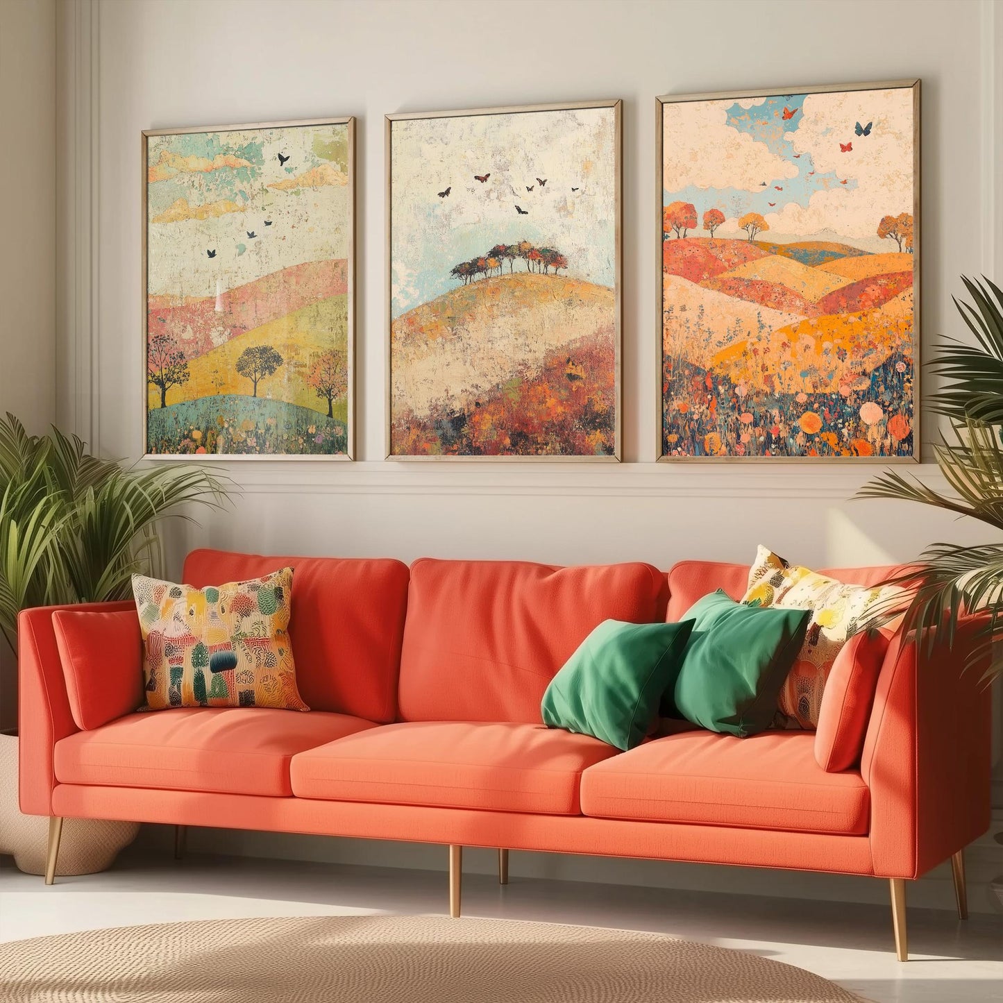 Rolling Hills Butterfly Set of Three Art Prints - Celadon Ruby and Driftwood - Folk Meadow Poster Illustration Gift