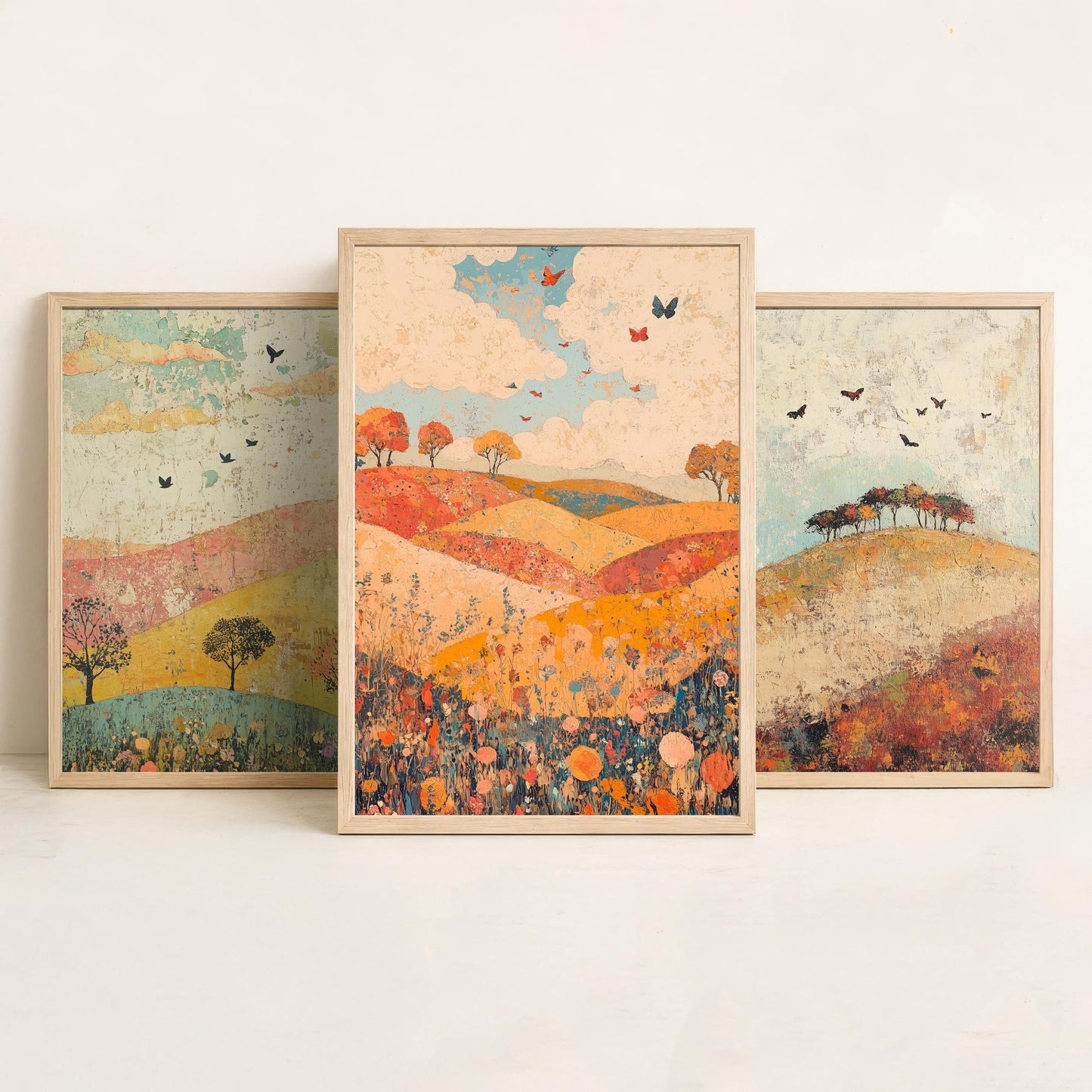 Rolling Hills Butterfly Set of Three Art Prints - Celadon Ruby and Driftwood - Folk Meadow Poster Illustration Gift