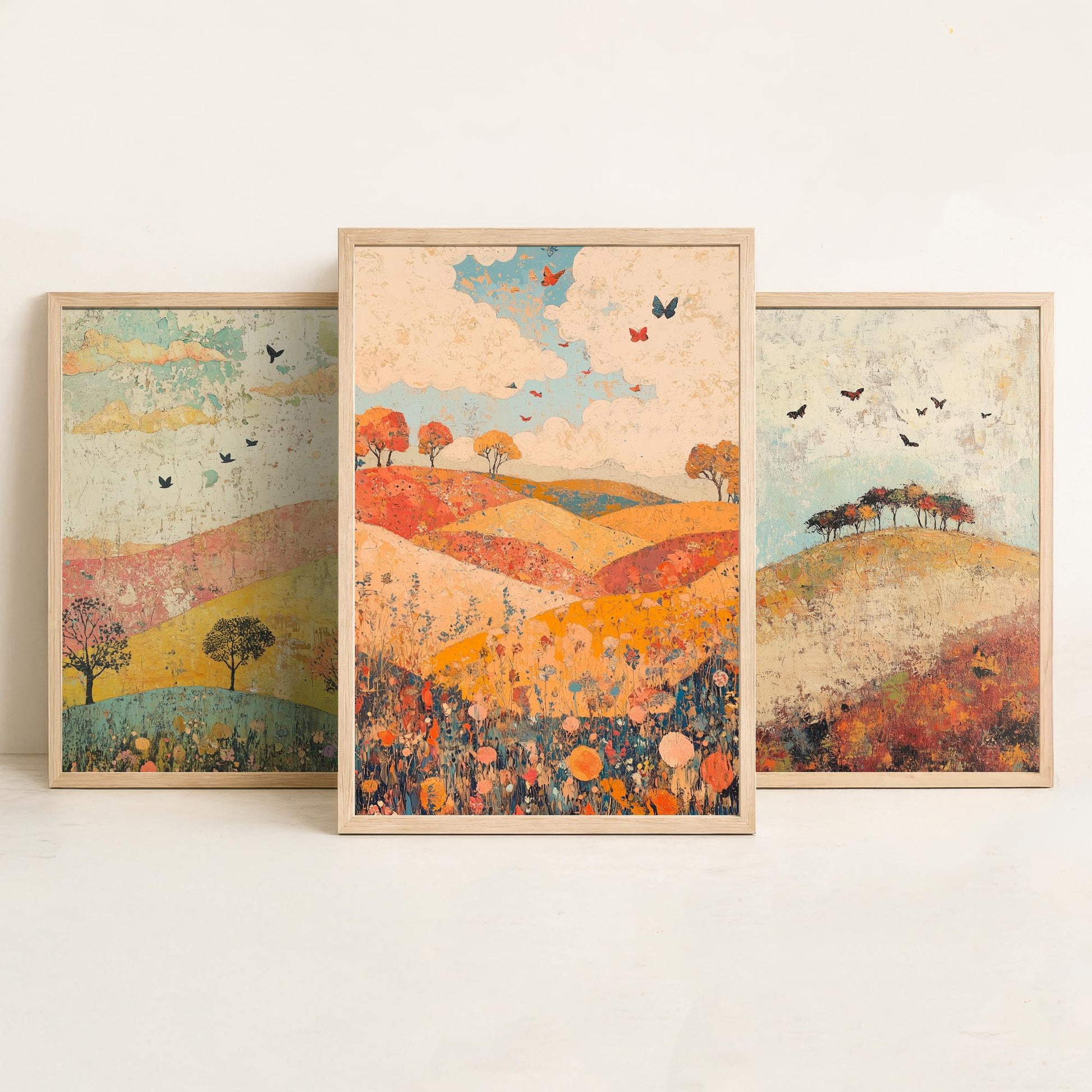 Rolling Hills Butterfly Set of Three Art Prints - Celadon Ruby and Driftwood - Folk Meadow Poster Illustration Gift