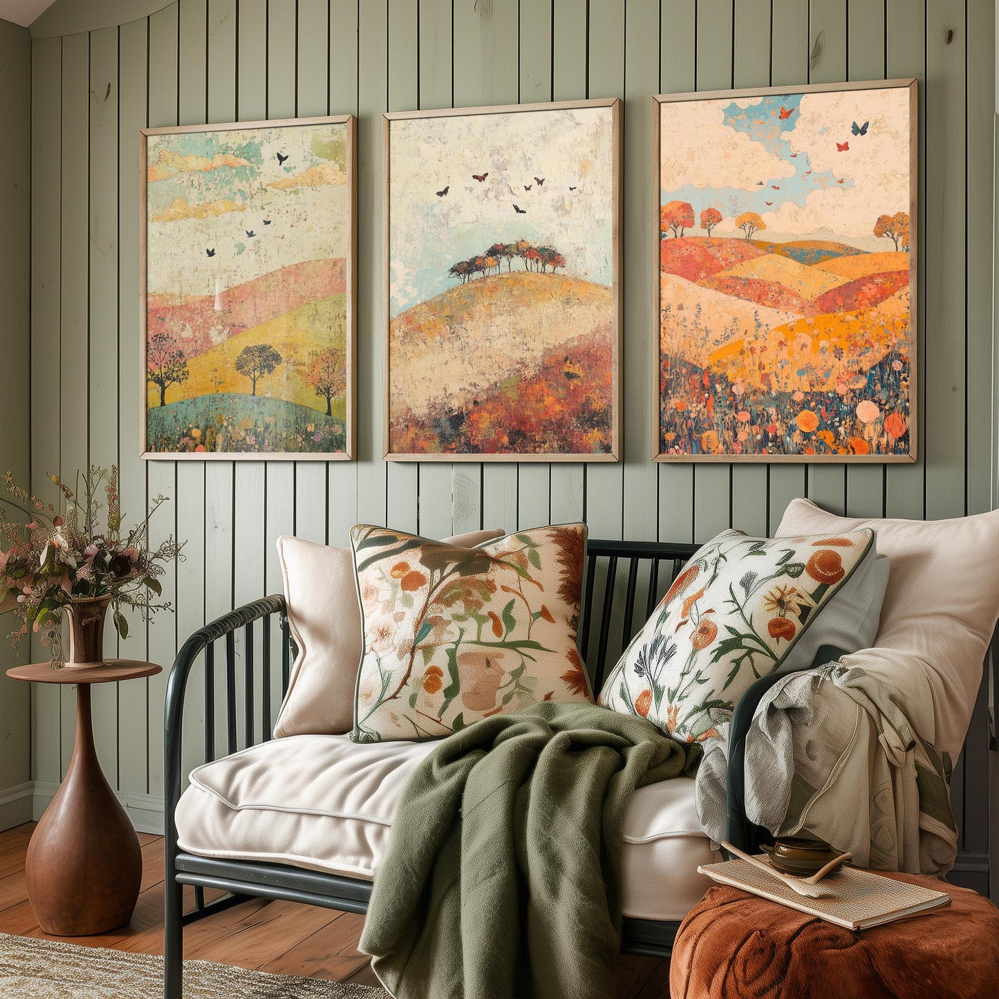 Rolling Hills Butterfly Set of Three Art Prints - Celadon Ruby and Driftwood - Folk Meadow Poster Illustration Gift