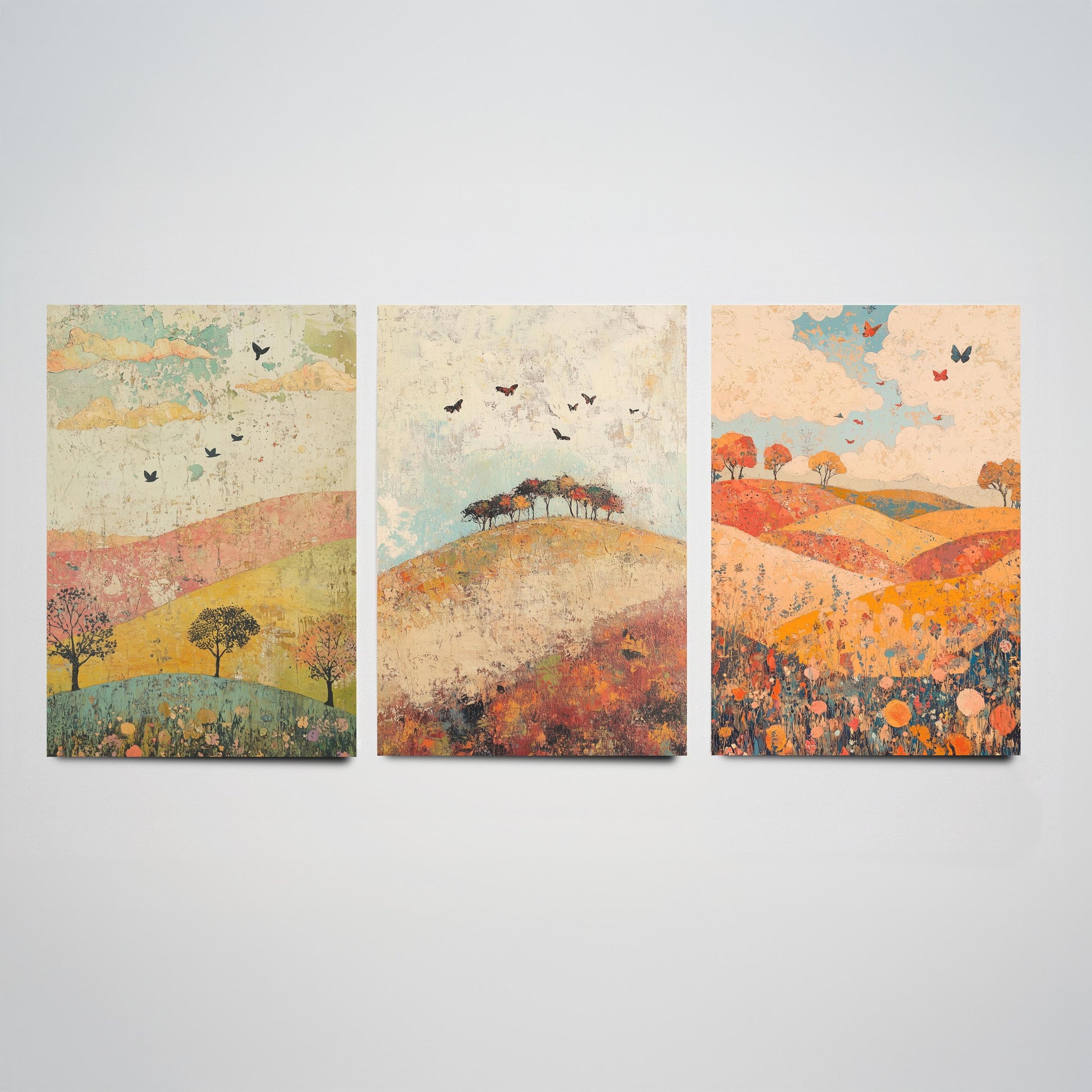 Rolling Hills Butterfly Set of Three Art Prints - Celadon Ruby and Driftwood - Folk Meadow Poster Illustration Gift