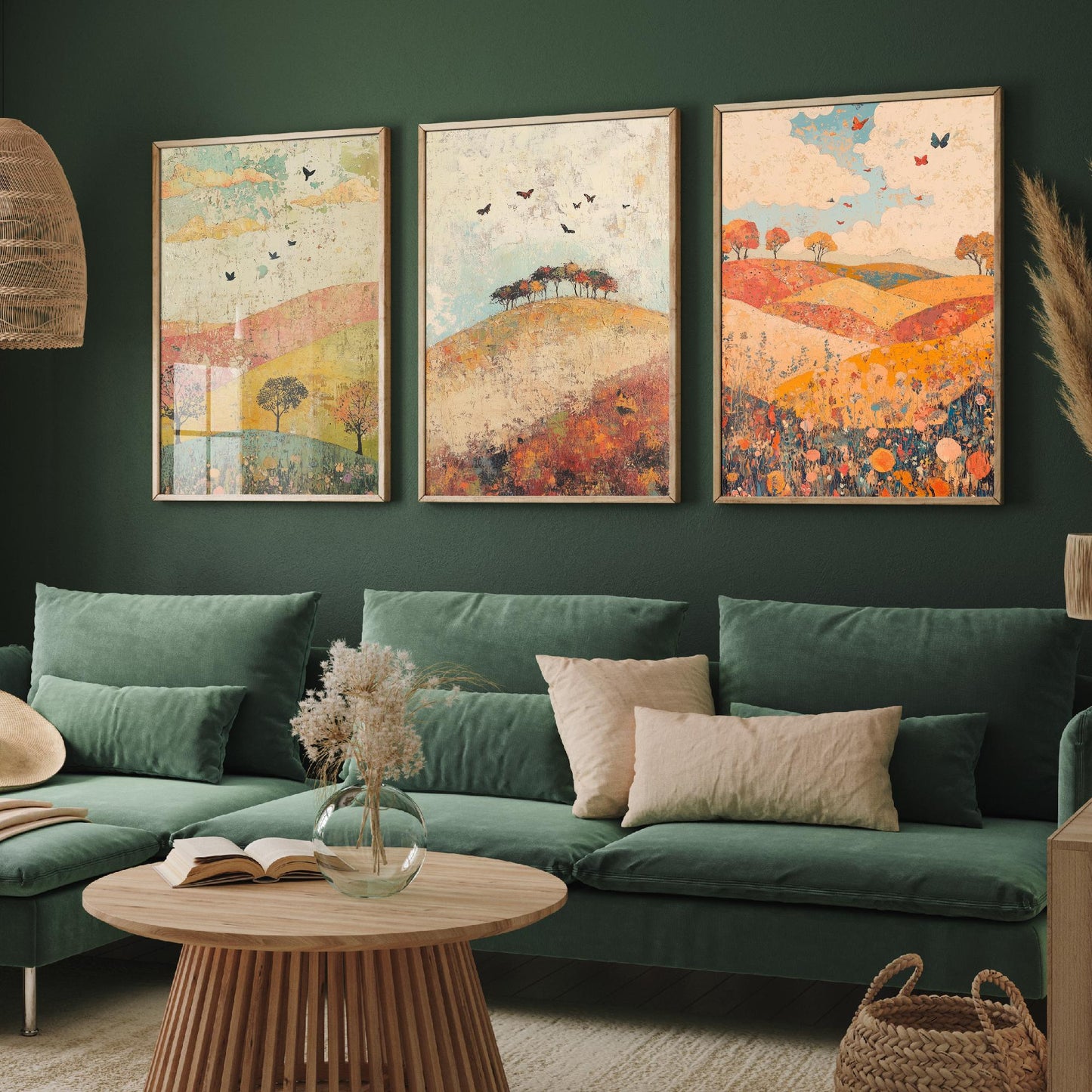 Rolling Hills Butterfly Set of Three Art Prints - Celadon Ruby and Driftwood - Folk Meadow Poster Illustration Gift
