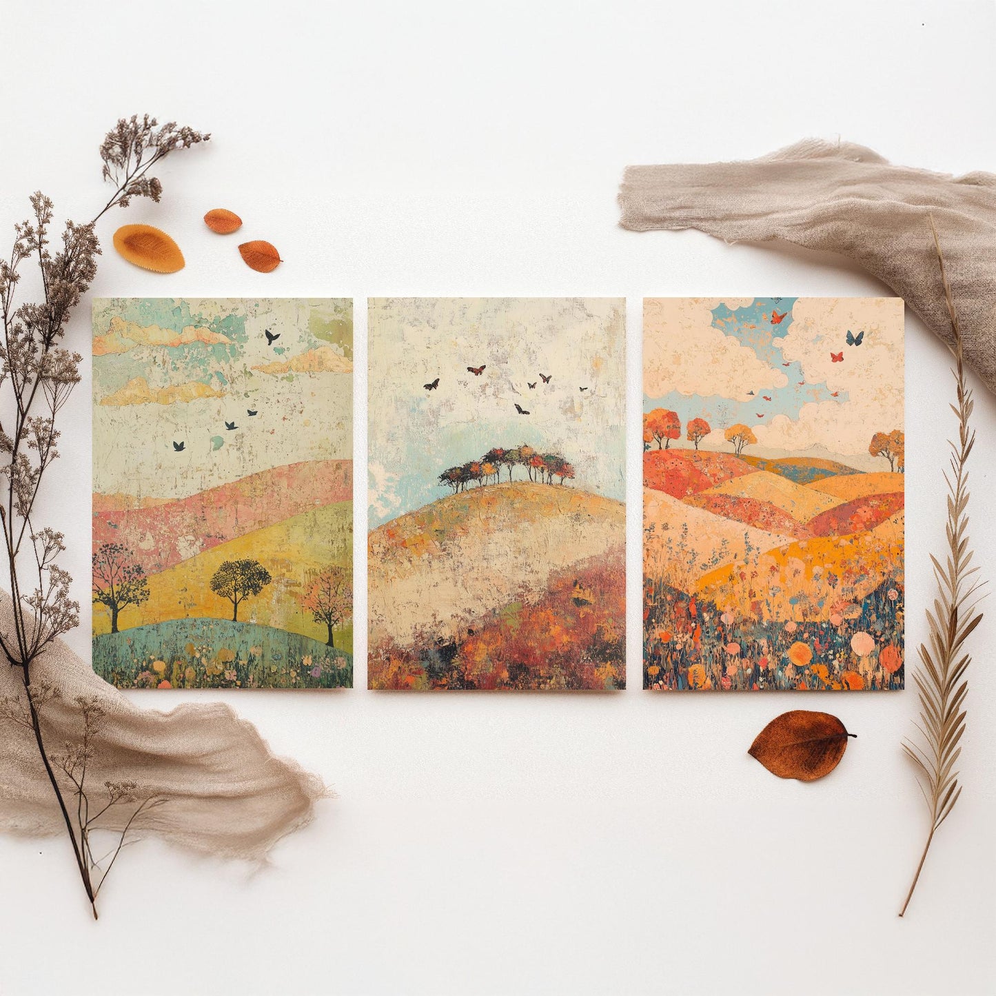Rolling Hills Butterfly Set of Three Art Prints - Celadon Ruby and Driftwood - Folk Meadow Poster Illustration Gift