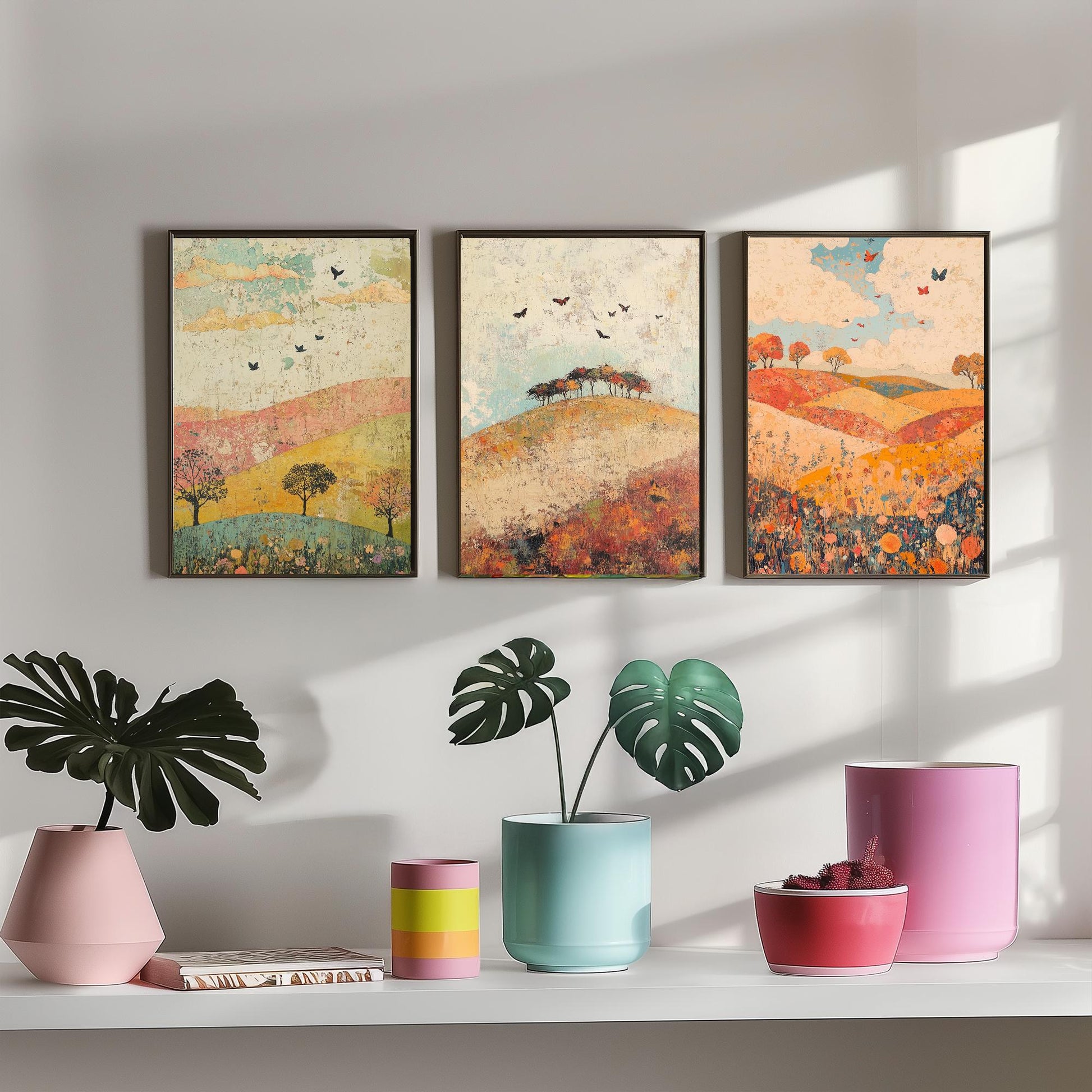 Rolling Hills Butterfly Set of Three Art Prints - Celadon Ruby and Driftwood - Folk Meadow Poster Illustration Gift