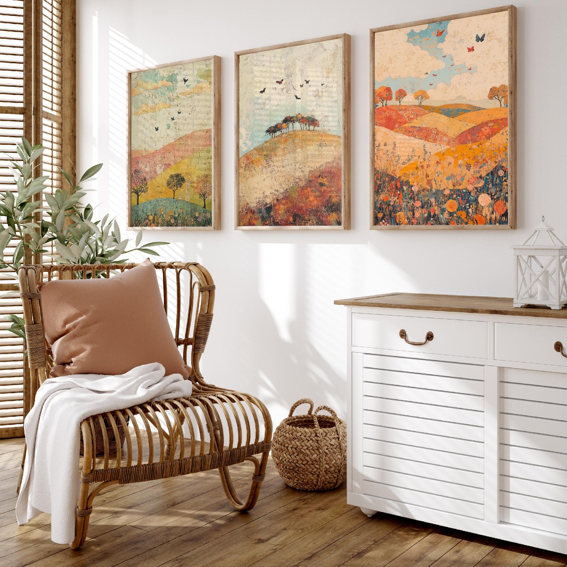 Rolling Hills Butterfly Set of Three Art Prints - Celadon Ruby and Driftwood - Folk Meadow Poster Illustration Gift