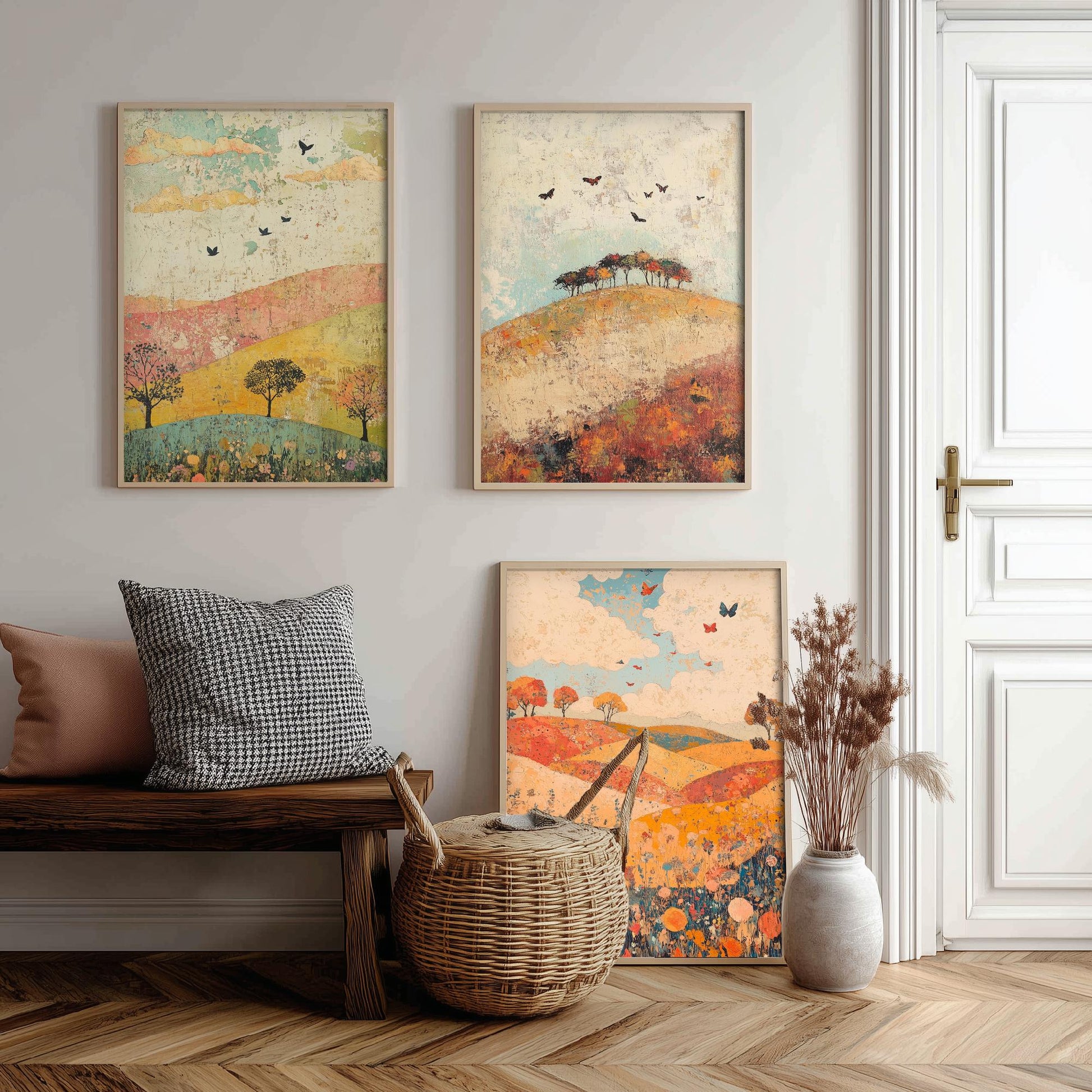 Rolling Hills Butterfly Set of Three Art Prints - Celadon Ruby and Driftwood - Folk Meadow Poster Illustration Gift