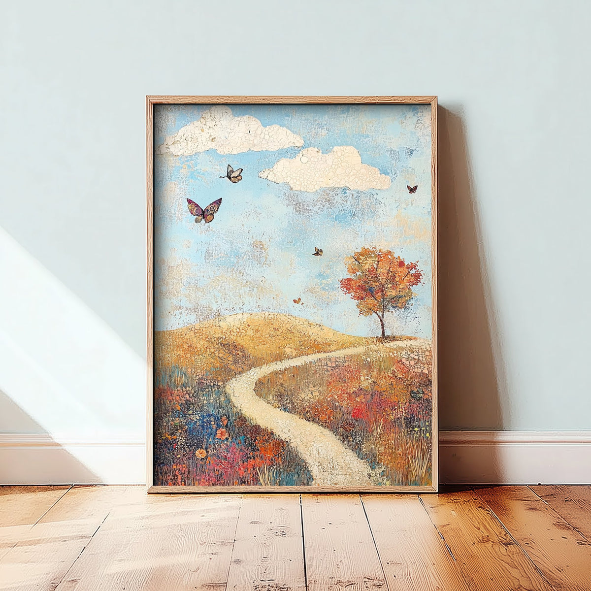 Rolling Hills Landscape Art Print - Butterfly Meadow Poster - Folk Art Painting - Cerulean Rust and Bone 1/3