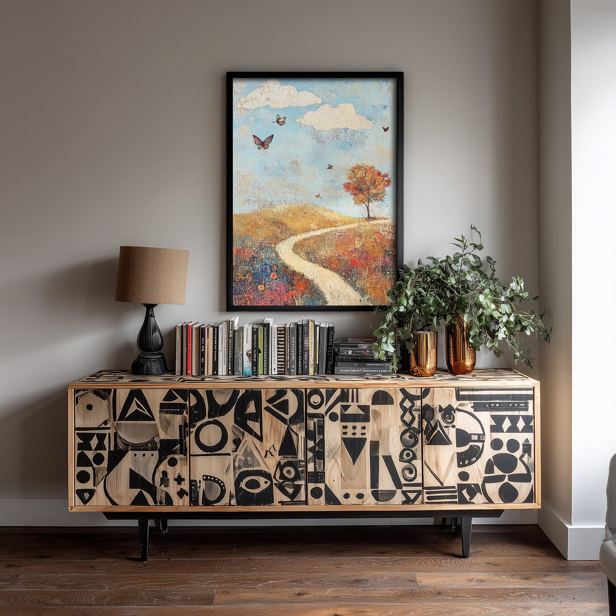Rolling Hills Landscape Art Print - Butterfly Meadow Poster - Folk Art Painting - Cerulean Rust and Bone 1/3