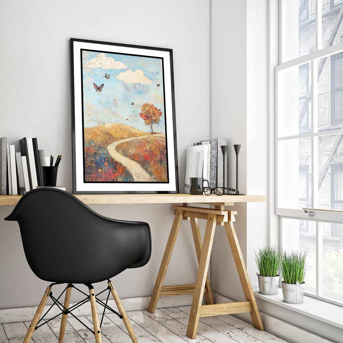 Rolling Hills Landscape Art Print - Butterfly Meadow Poster - Folk Art Painting - Cerulean Rust and Bone 1/3
