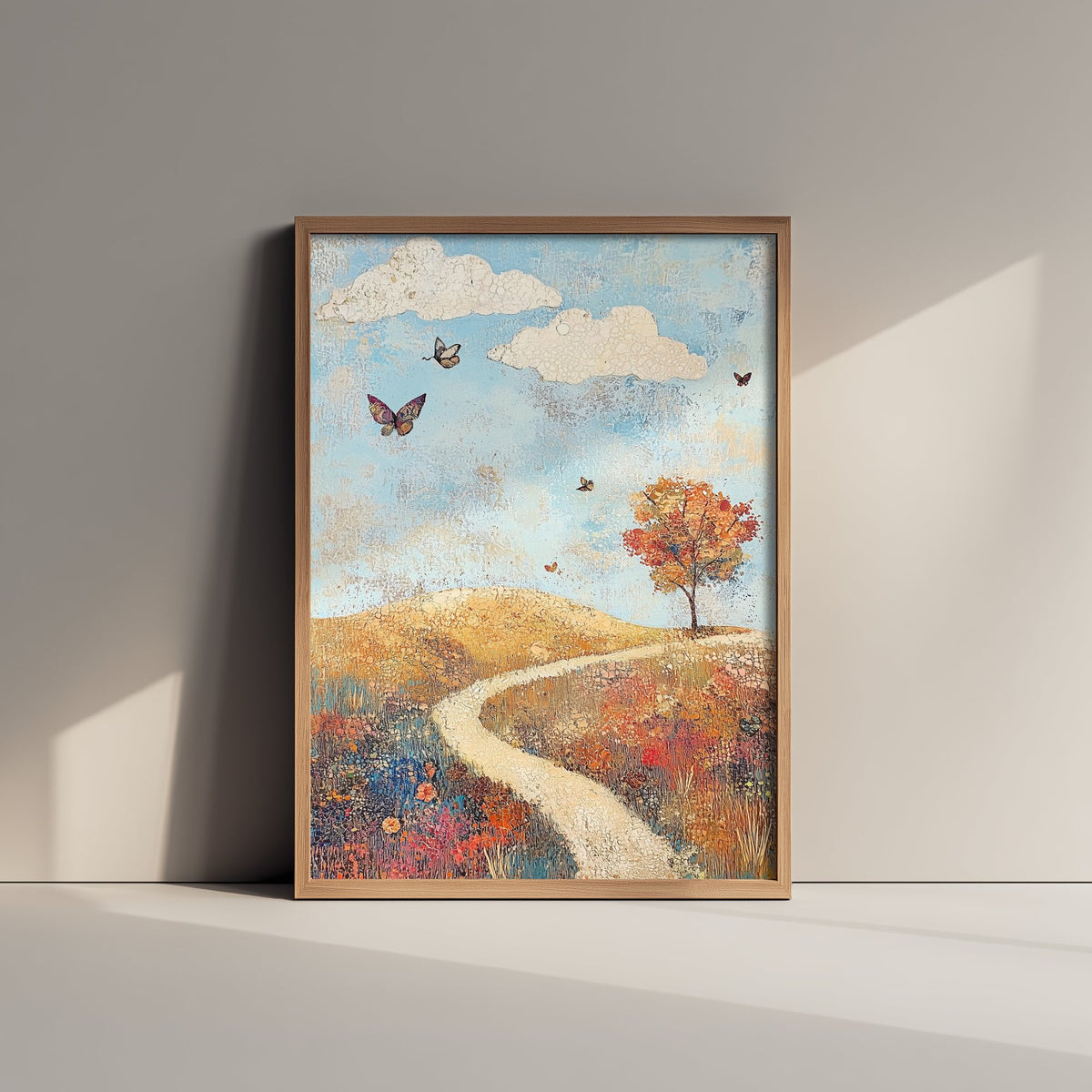 Rolling Hills Landscape Art Print - Butterfly Meadow Poster - Folk Art Painting - Cerulean Rust and Bone 1/3