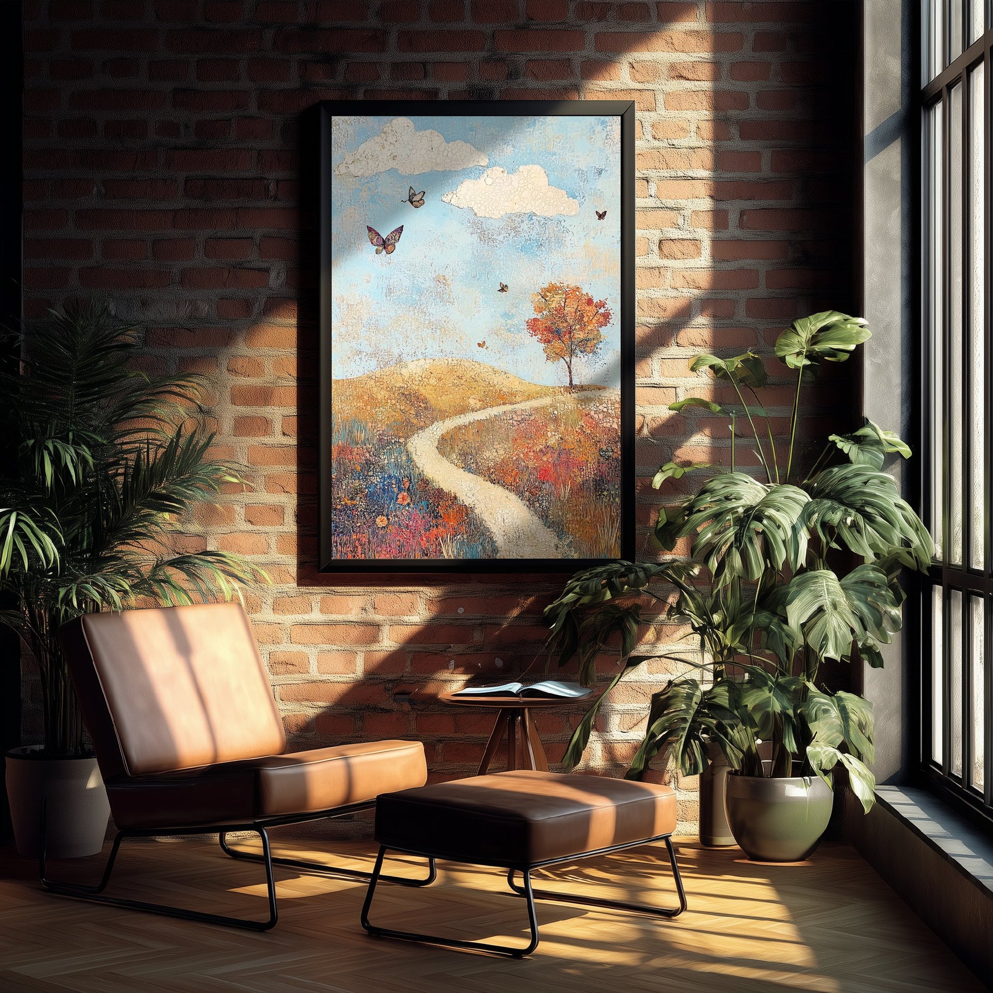 Rolling Hills Landscape Art Print - Butterfly Meadow Poster - Folk Art Painting - Cerulean Rust and Bone 1/3