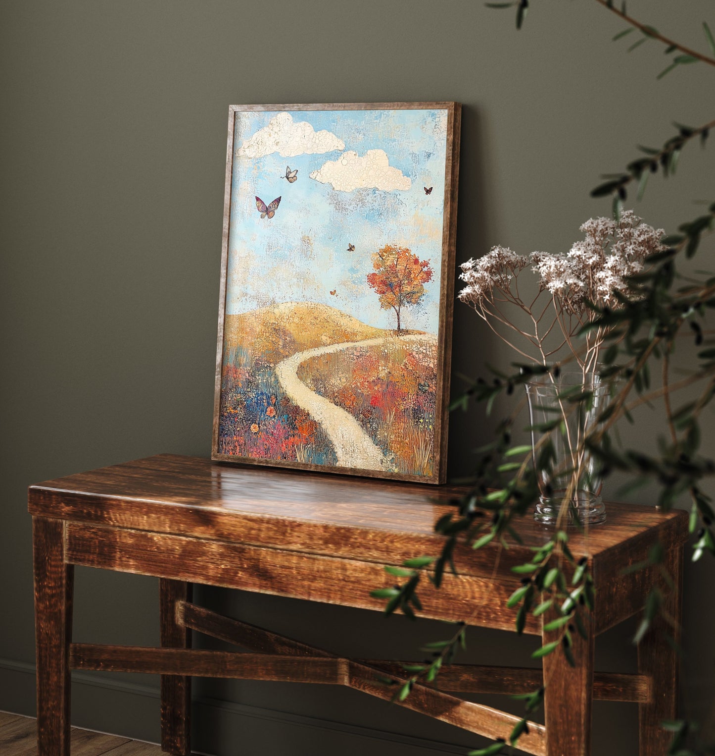 Rolling Hills Landscape Art Print - Butterfly Meadow Poster - Folk Art Painting - Cerulean Rust and Bone 1/3