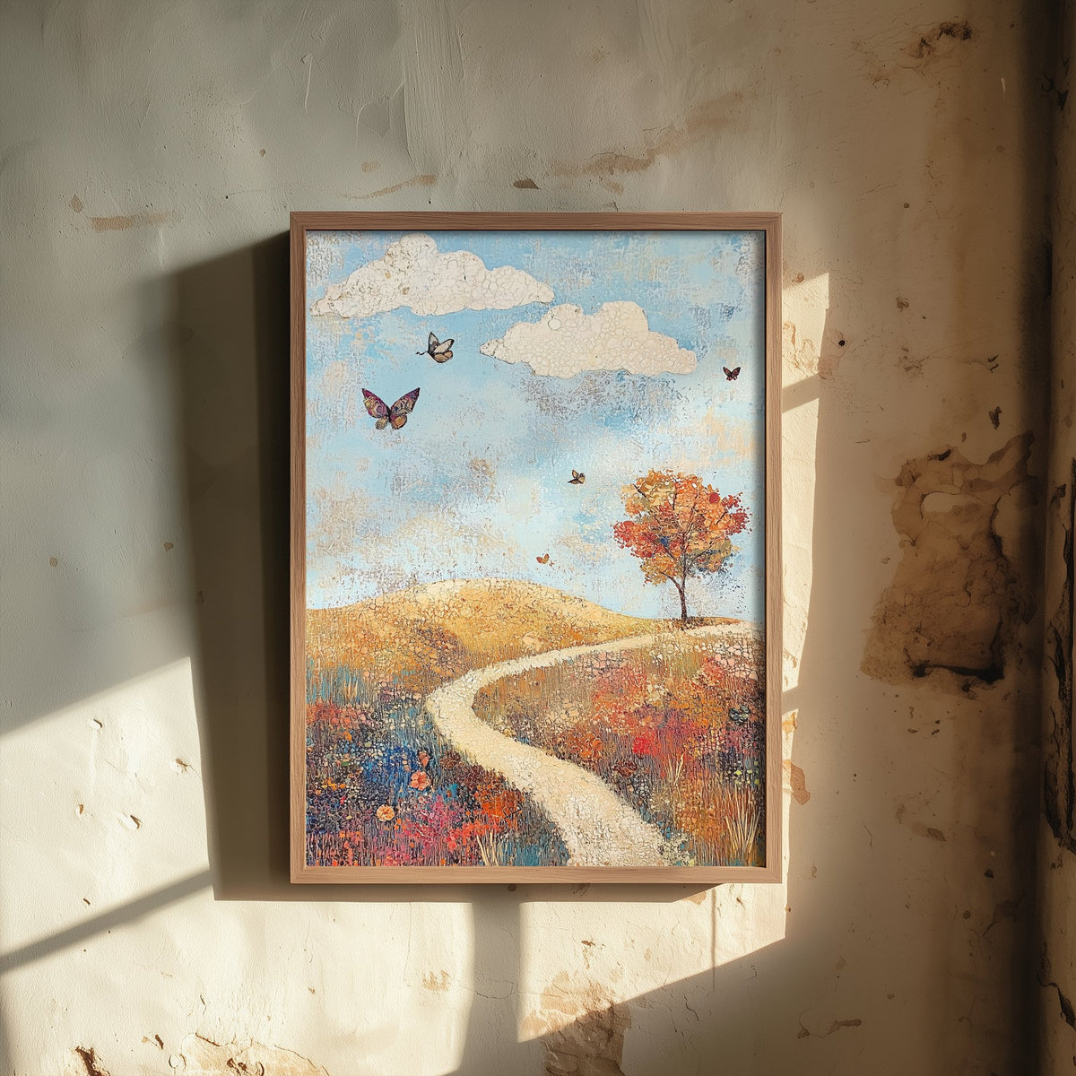 Rolling Hills Landscape Art Print - Butterfly Meadow Poster - Folk Art Painting - Cerulean Rust and Bone 1/3