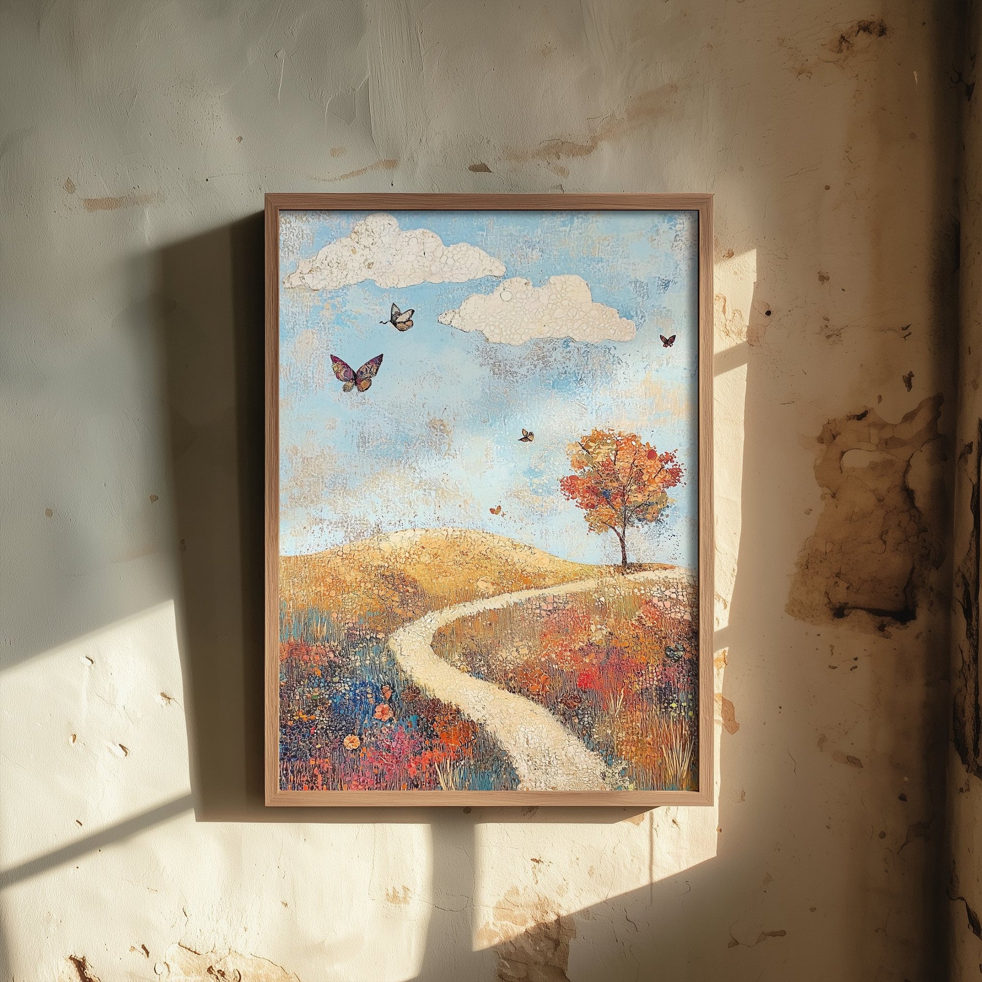 Rolling Hills Landscape Art Print - Butterfly Meadow Poster - Folk Art Painting - Cerulean Rust and Bone 1/3