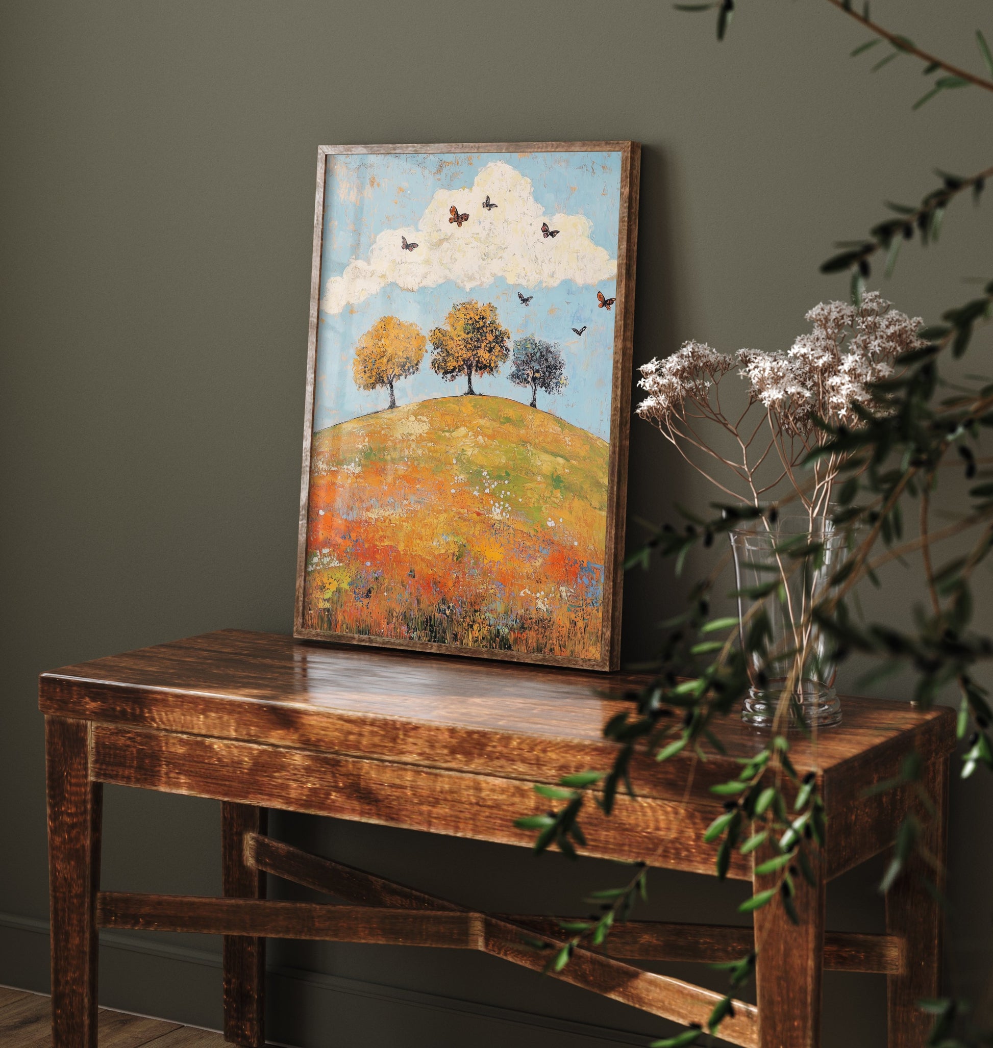 Rolling Hills Landscape Art Print - Butterfly Meadow Poster - Folk Art Painting - Cerulean Rust and Bone 2/3