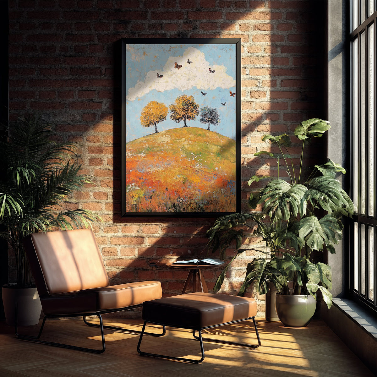 Rolling Hills Landscape Art Print - Butterfly Meadow Poster - Folk Art Painting - Cerulean Rust and Bone 2/3
