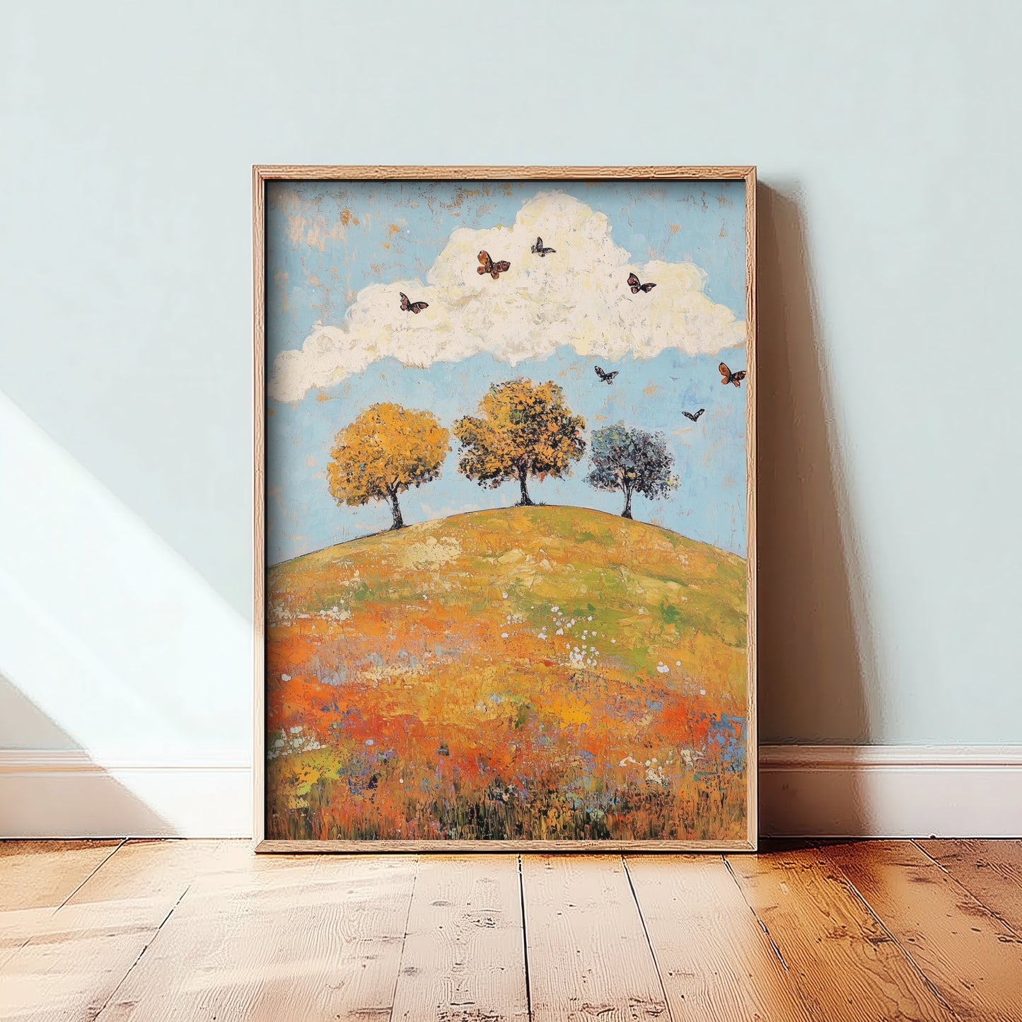 Rolling Hills Landscape Art Print - Butterfly Meadow Poster - Folk Art Painting - Cerulean Rust and Bone 2/3