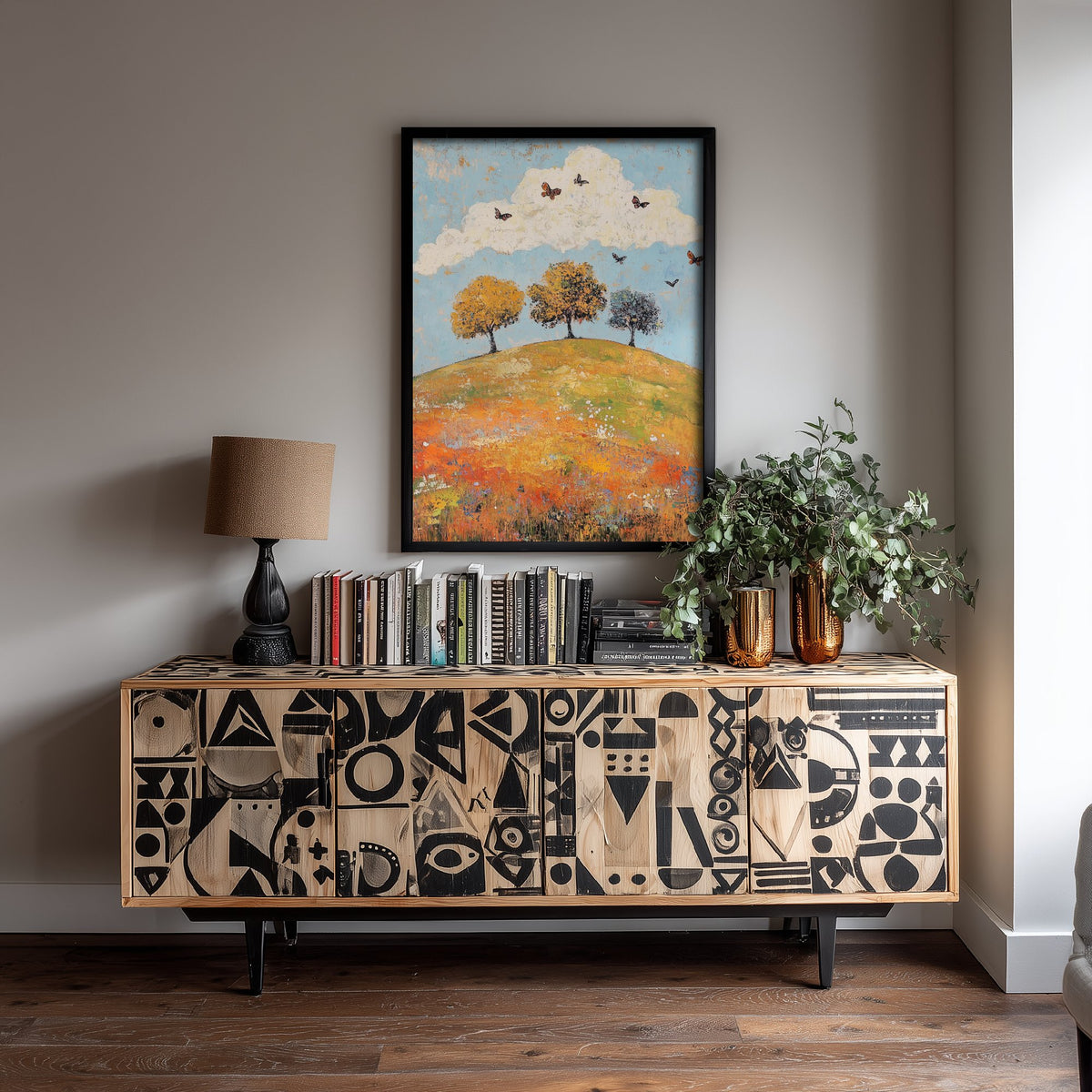 Rolling Hills Landscape Art Print - Butterfly Meadow Poster - Folk Art Painting - Cerulean Rust and Bone 2/3