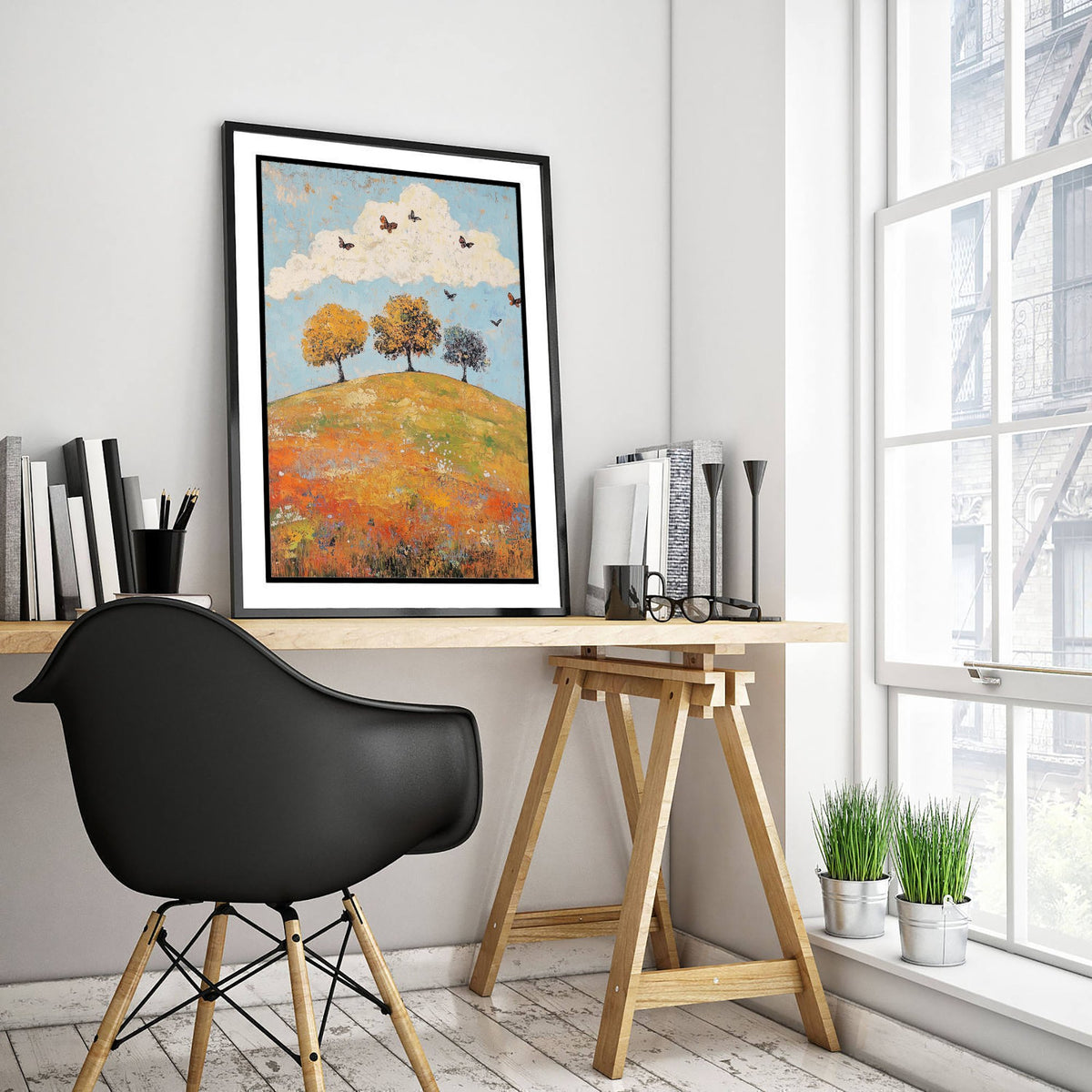 Rolling Hills Landscape Art Print - Butterfly Meadow Poster - Folk Art Painting - Cerulean Rust and Bone 2/3