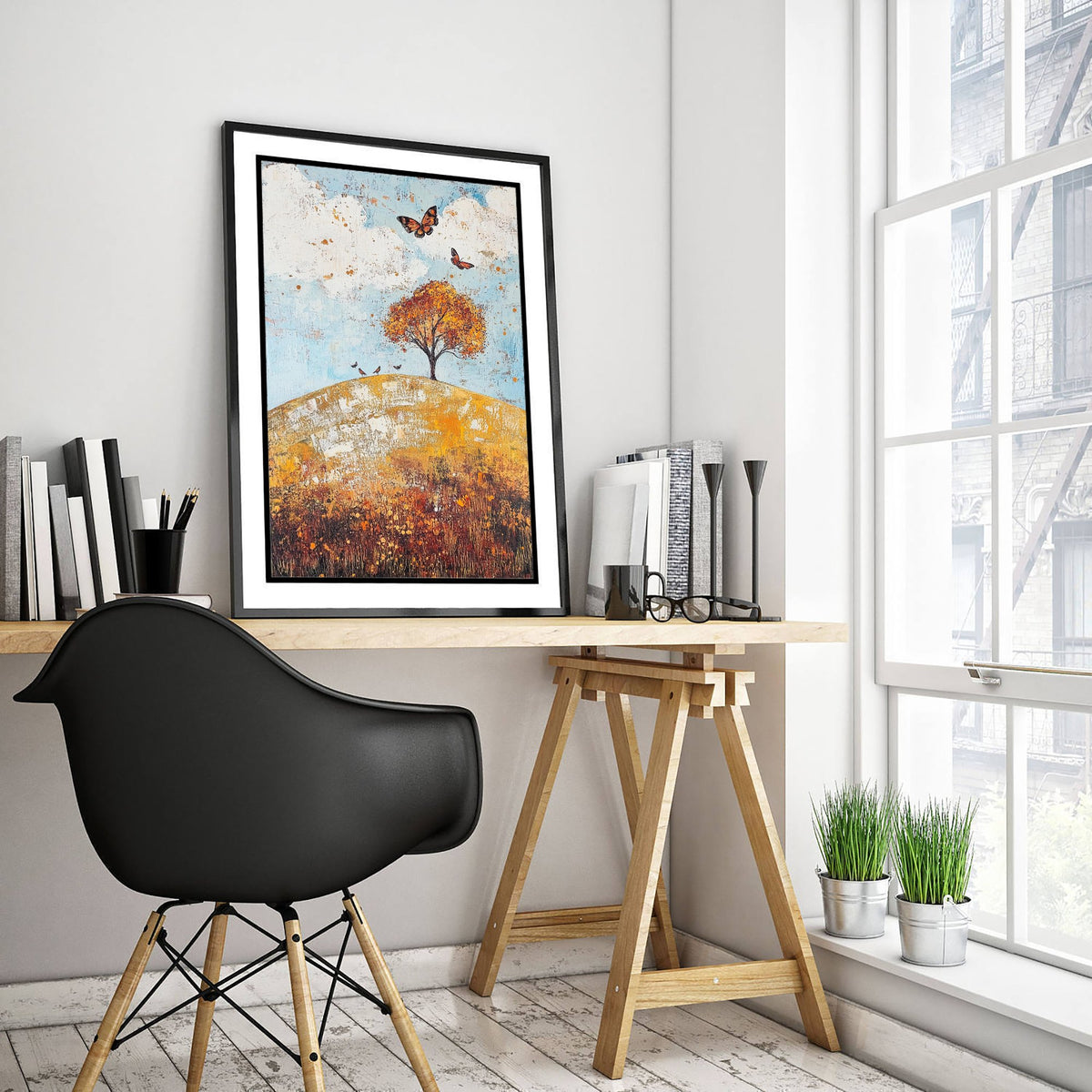 Rolling Hills Landscape Art Print - Butterfly Meadow Poster - Folk Art Painting - Cerulean Rust and Bone 3/3