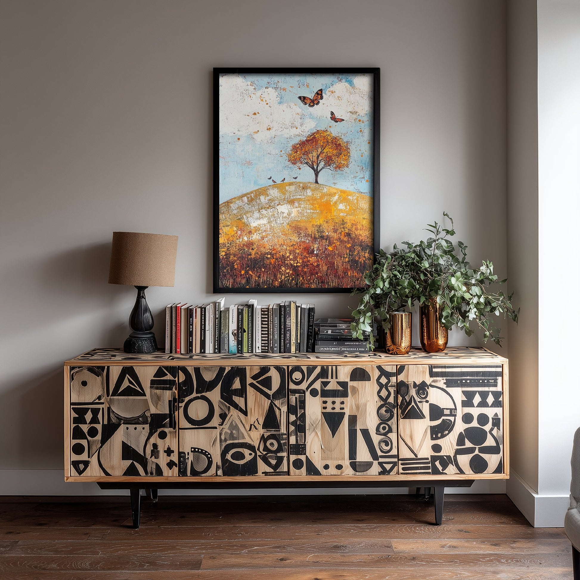 Rolling Hills Landscape Art Print - Butterfly Meadow Poster - Folk Art Painting - Cerulean Rust and Bone 3/3