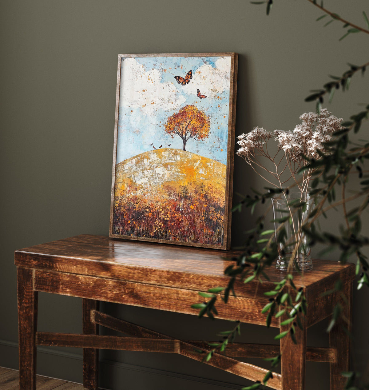 Rolling Hills Landscape Art Print - Butterfly Meadow Poster - Folk Art Painting - Cerulean Rust and Bone 3/3