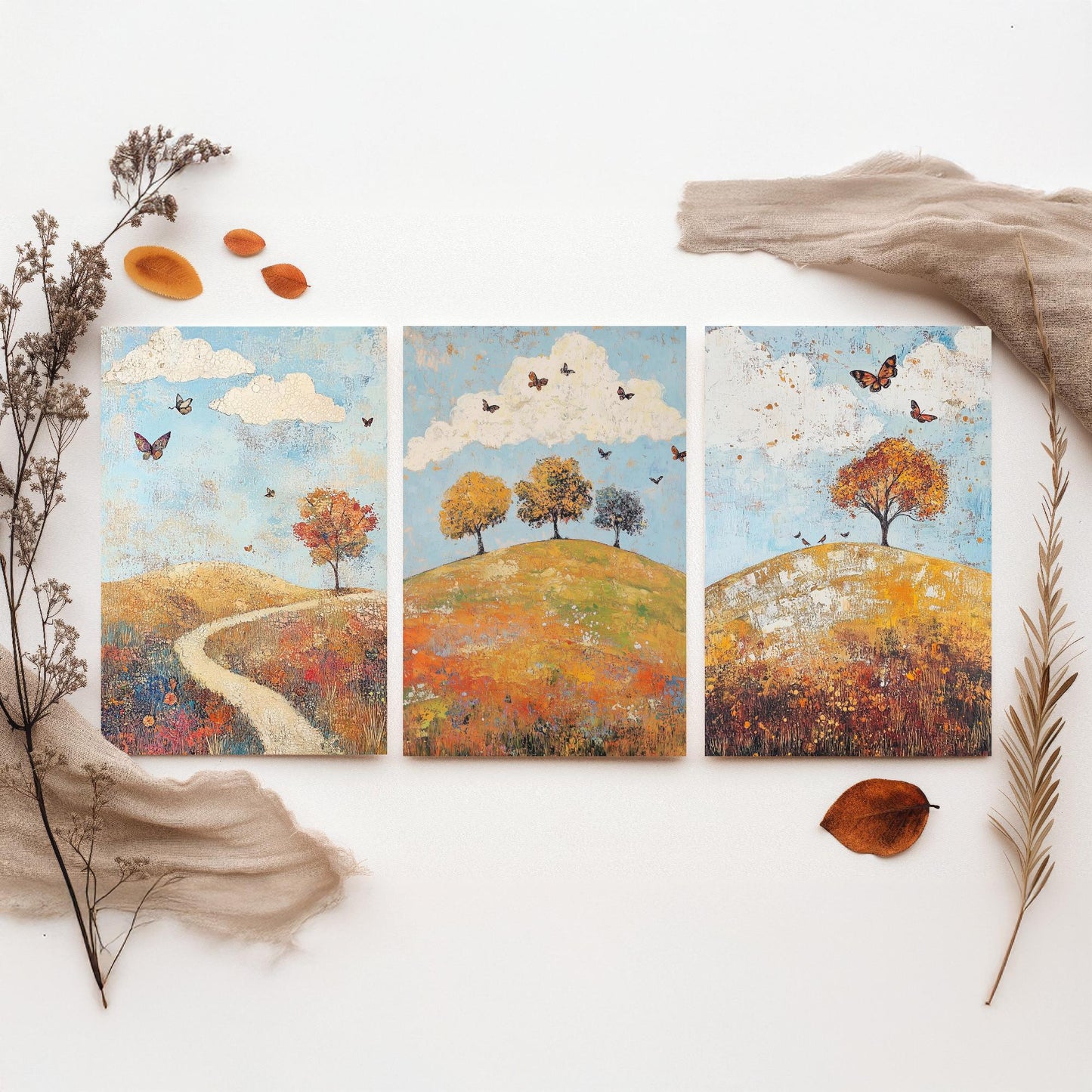 Rolling Hills Butterfly Set of Three Art Prints - Cerulean Rust and Bone - Folk Meadow Poster Illustration Gift