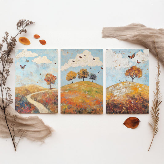 Rolling Hills Butterfly Set of Three Art Prints - Cerulean Rust and Bone - Folk Meadow Poster Illustration Gift