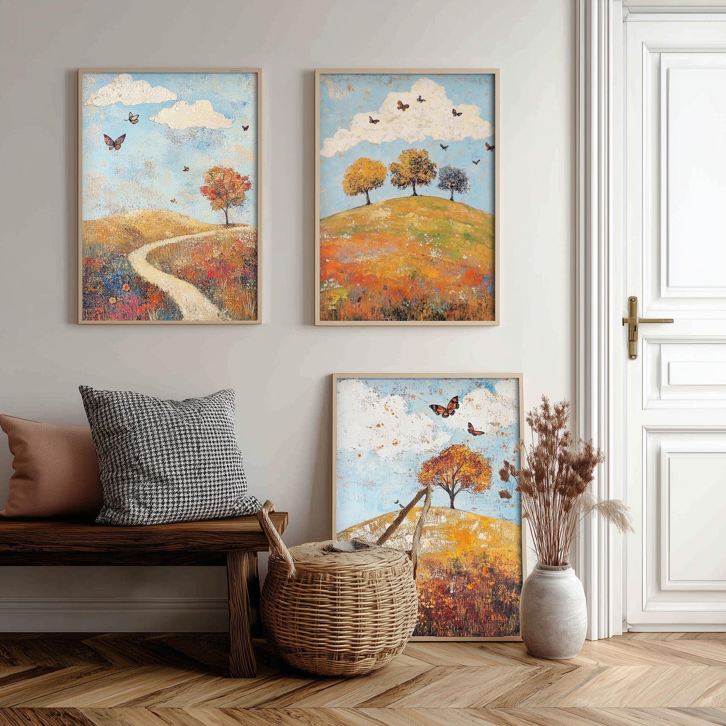 Rolling Hills Butterfly Set of Three Art Prints - Cerulean Rust and Bone - Folk Meadow Poster Illustration Gift