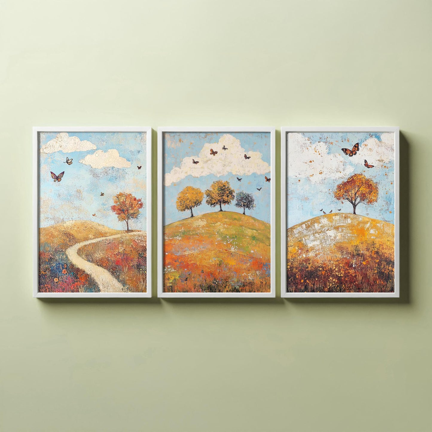 Rolling Hills Butterfly Set of Three Art Prints - Cerulean Rust and Bone - Folk Meadow Poster Illustration Gift