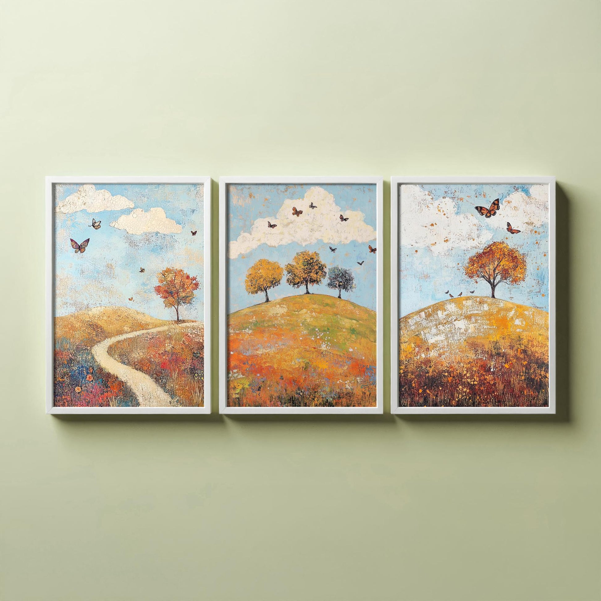 Rolling Hills Butterfly Set of Three Art Prints - Cerulean Rust and Bone - Folk Meadow Poster Illustration Gift