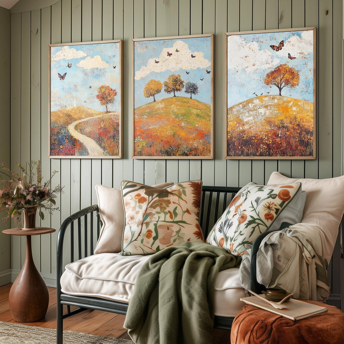Rolling Hills Butterfly Set of Three Art Prints - Cerulean Rust and Bone - Folk Meadow Poster Illustration Gift