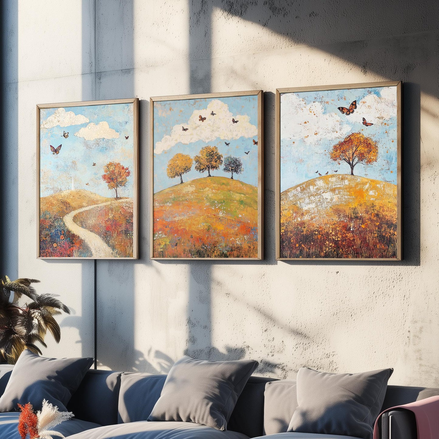 Rolling Hills Butterfly Set of Three Art Prints - Cerulean Rust and Bone - Folk Meadow Poster Illustration Gift