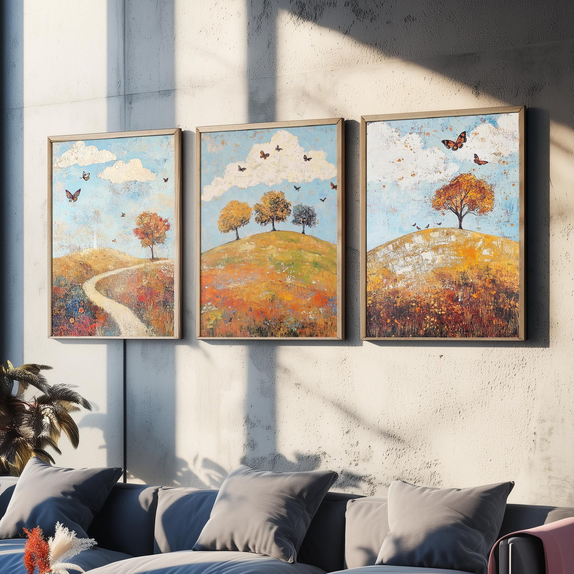 Rolling Hills Butterfly Set of Three Art Prints - Cerulean Rust and Bone - Folk Meadow Poster Illustration Gift