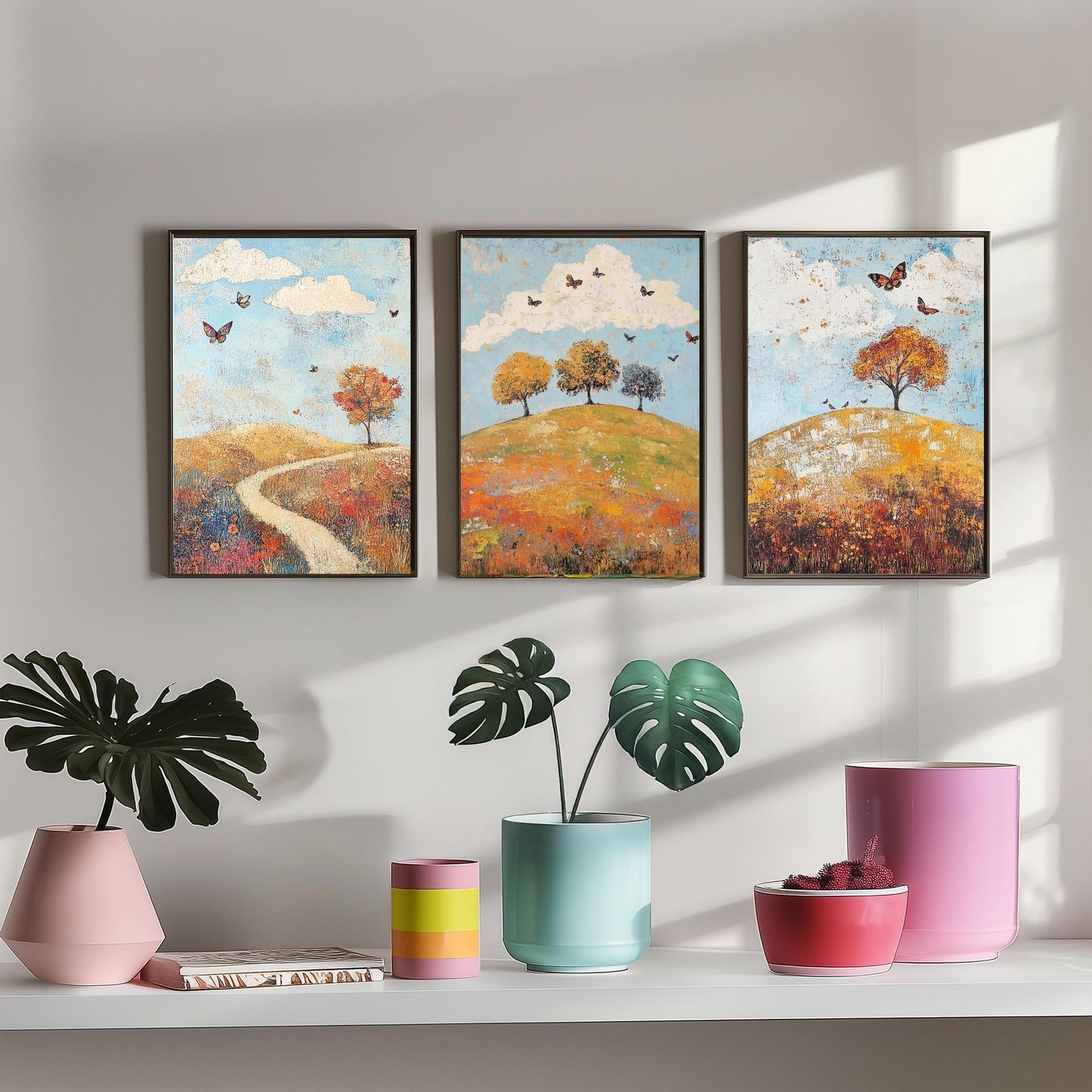 Rolling Hills Butterfly Set of Three Art Prints - Cerulean Rust and Bone - Folk Meadow Poster Illustration Gift