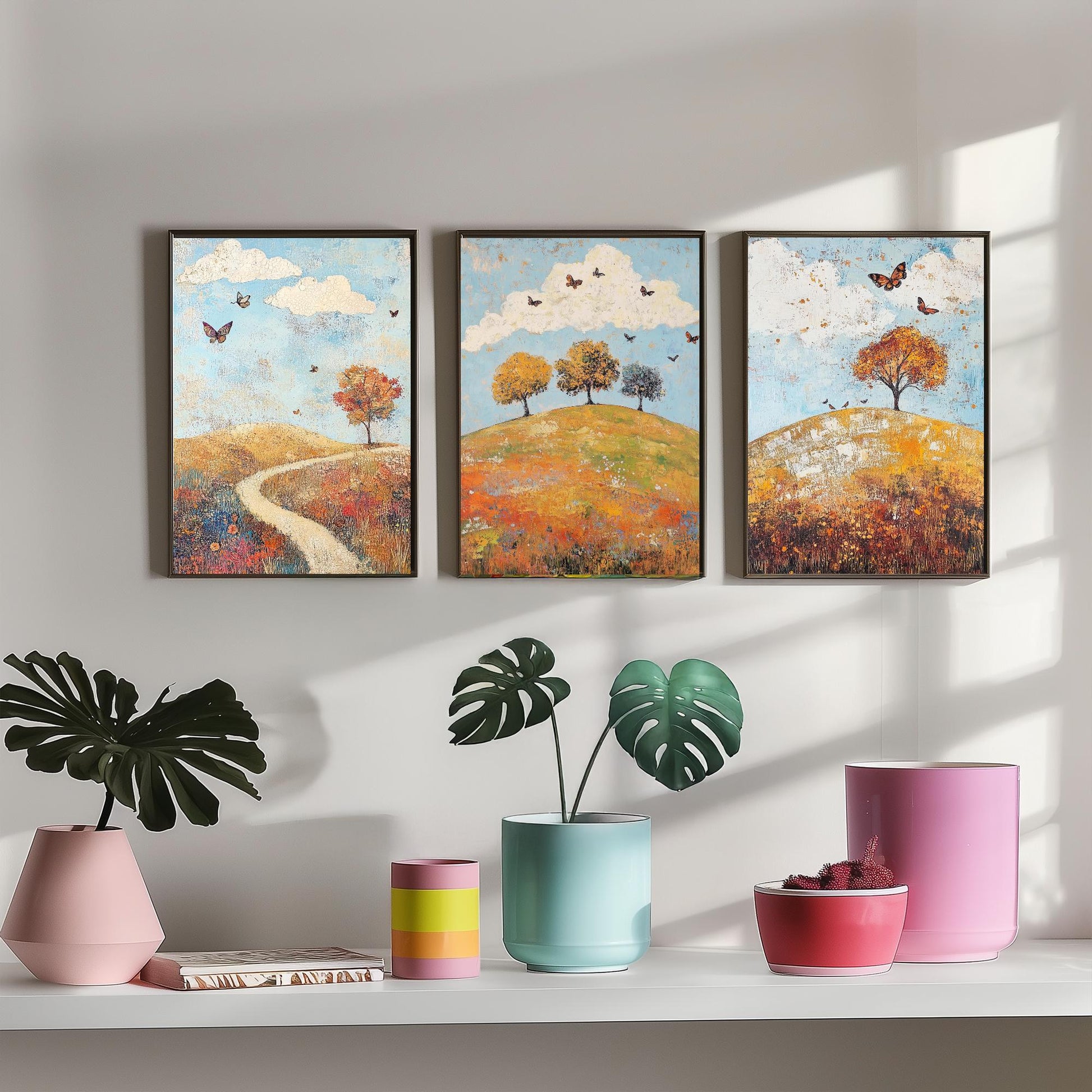 Rolling Hills Butterfly Set of Three Art Prints - Cerulean Rust and Bone - Folk Meadow Poster Illustration Gift