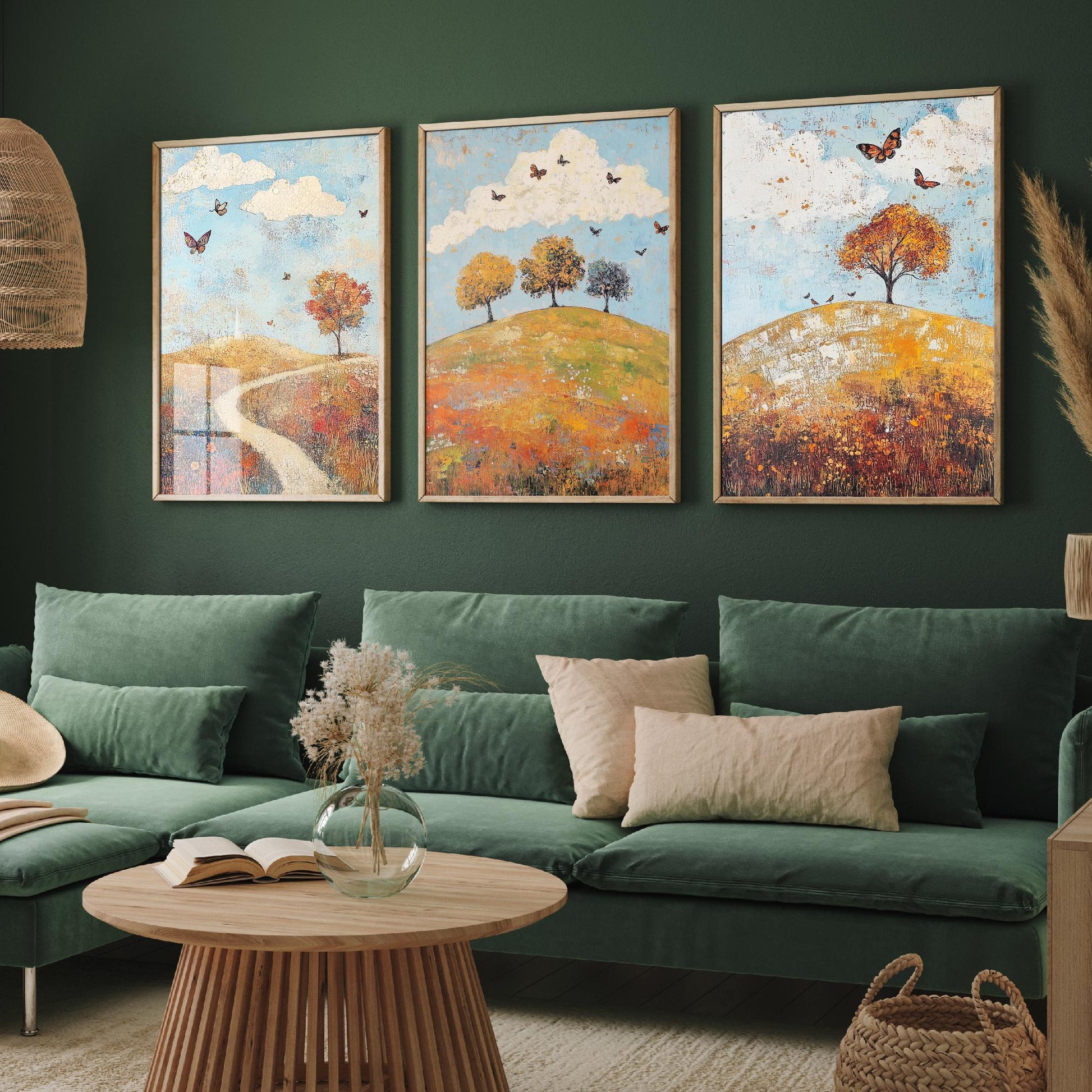 Rolling Hills Butterfly Set of Three Art Prints - Cerulean Rust and Bone - Folk Meadow Poster Illustration Gift