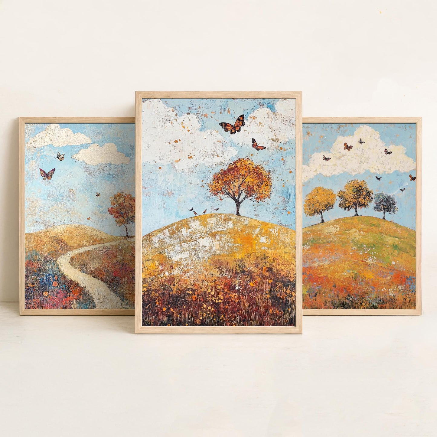Rolling Hills Butterfly Set of Three Art Prints - Cerulean Rust and Bone - Folk Meadow Poster Illustration Gift