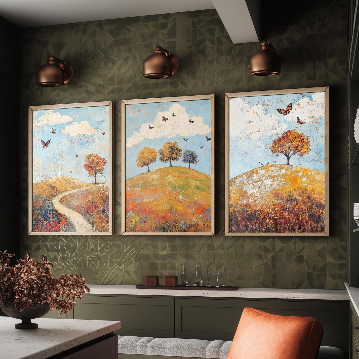 Rolling Hills Butterfly Set of Three Art Prints - Cerulean Rust and Bone - Folk Meadow Poster Illustration Gift