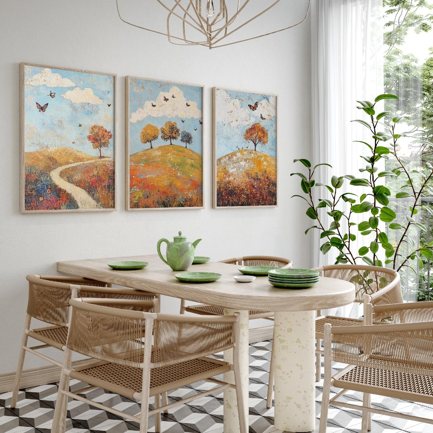 Rolling Hills Butterfly Set of Three Art Prints - Cerulean Rust and Bone - Folk Meadow Poster Illustration Gift