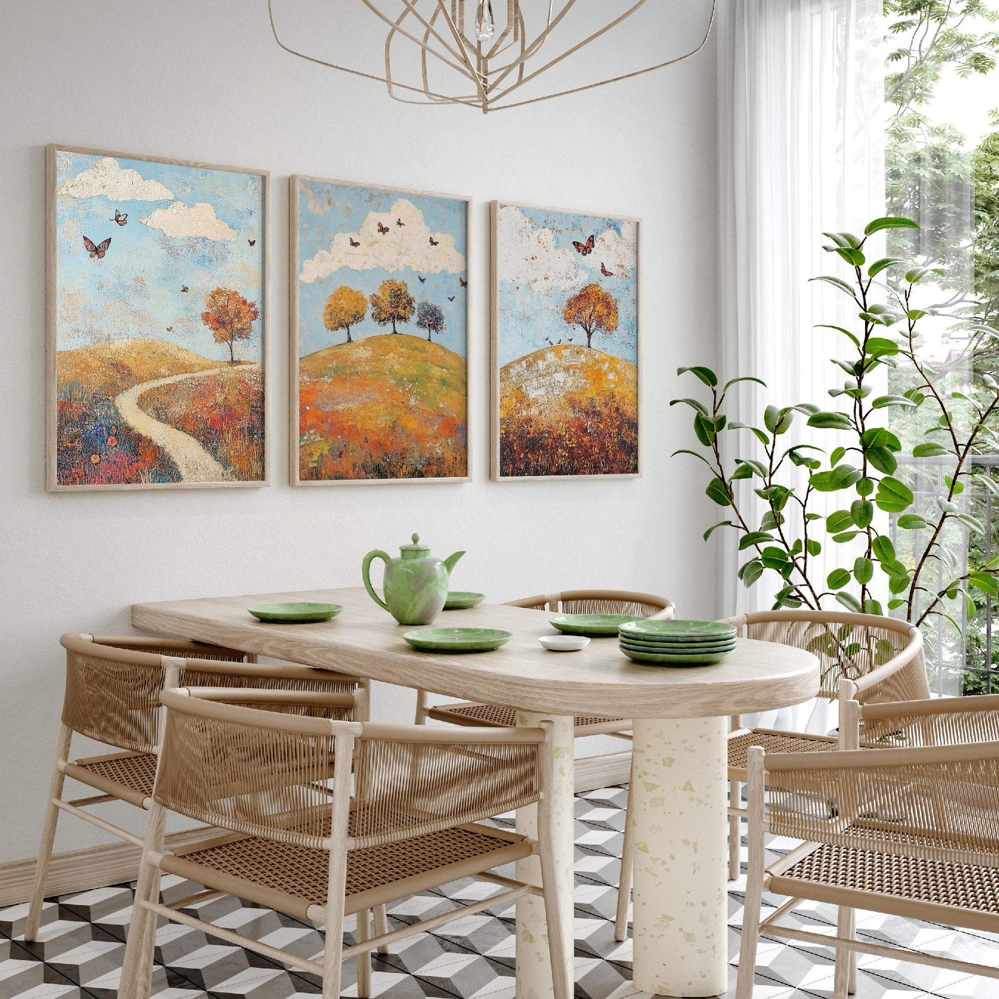 Rolling Hills Butterfly Set of Three Art Prints - Cerulean Rust and Bone - Folk Meadow Poster Illustration Gift