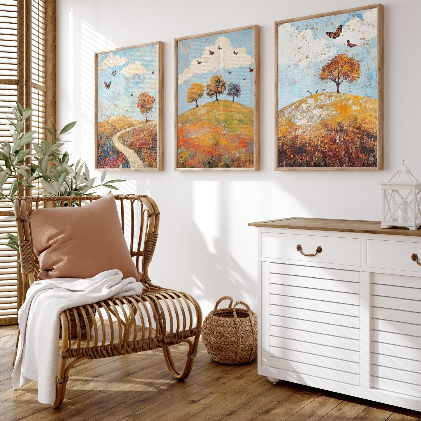 Rolling Hills Butterfly Set of Three Art Prints - Cerulean Rust and Bone - Folk Meadow Poster Illustration Gift
