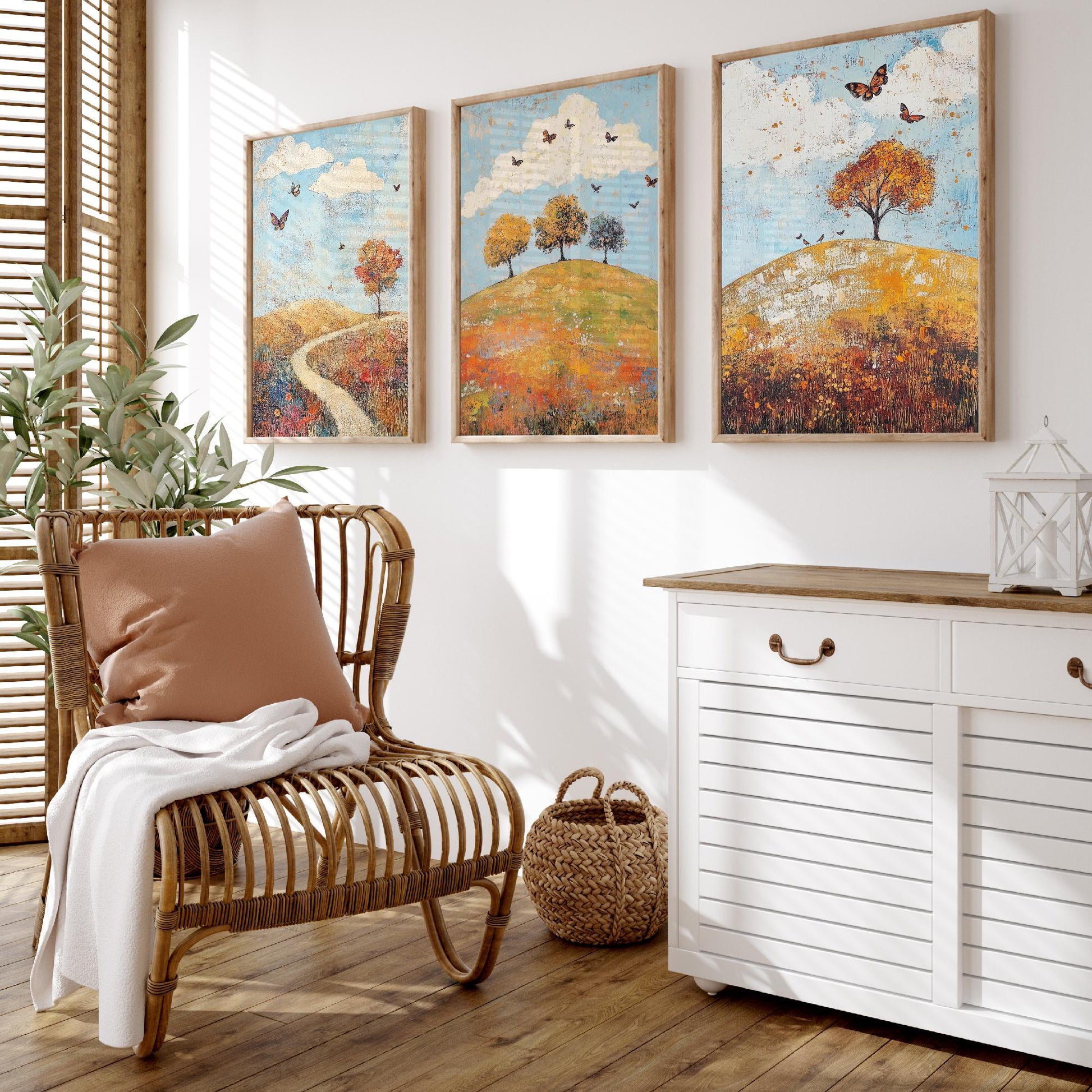 Rolling Hills Butterfly Set of Three Art Prints - Cerulean Rust and Bone - Folk Meadow Poster Illustration Gift