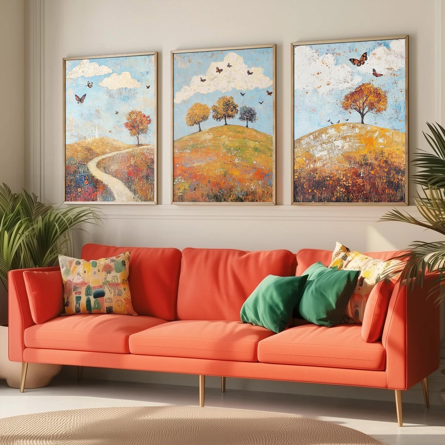 Rolling Hills Butterfly Set of Three Art Prints - Cerulean Rust and Bone - Folk Meadow Poster Illustration Gift