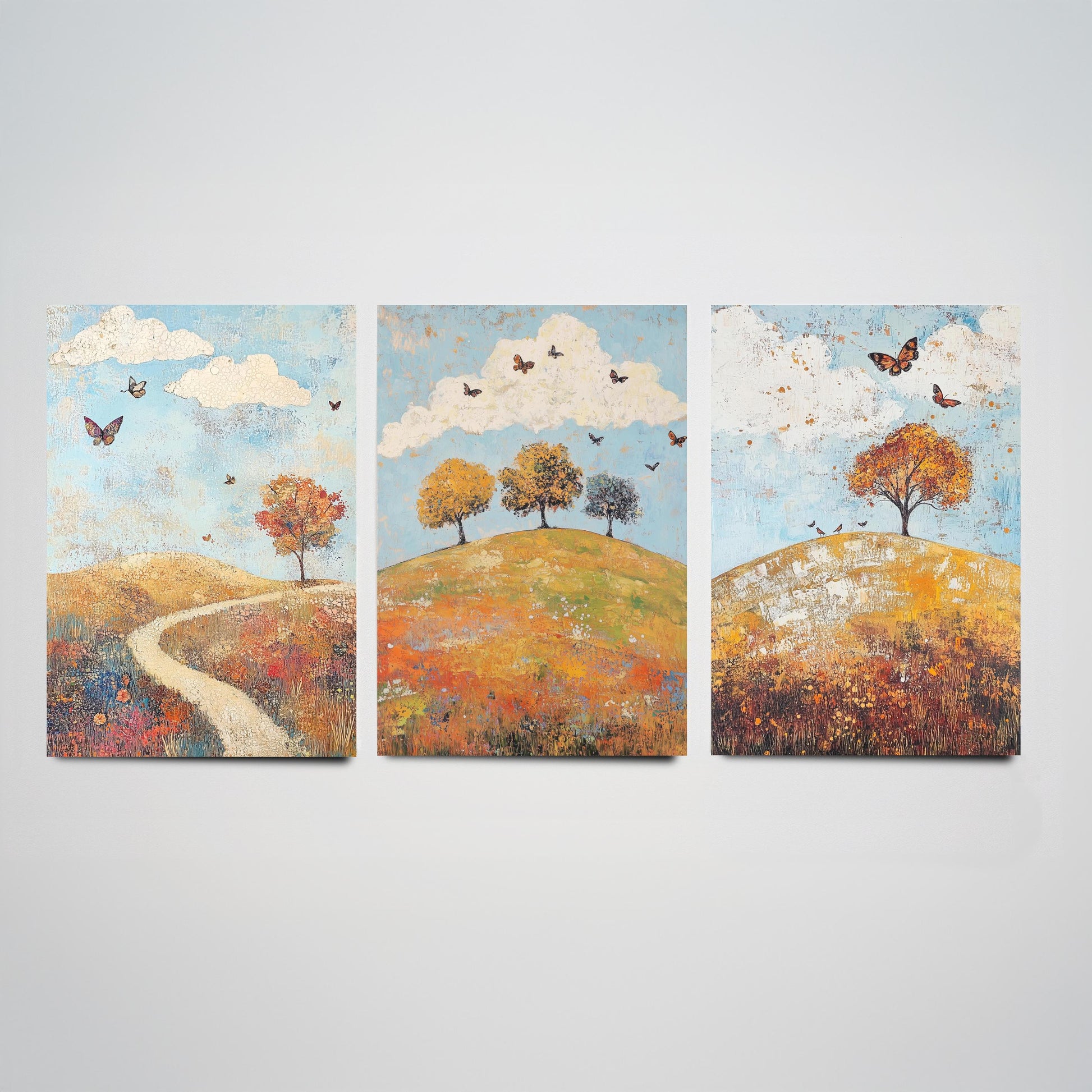 Rolling Hills Butterfly Set of Three Art Prints - Cerulean Rust and Bone - Folk Meadow Poster Illustration Gift