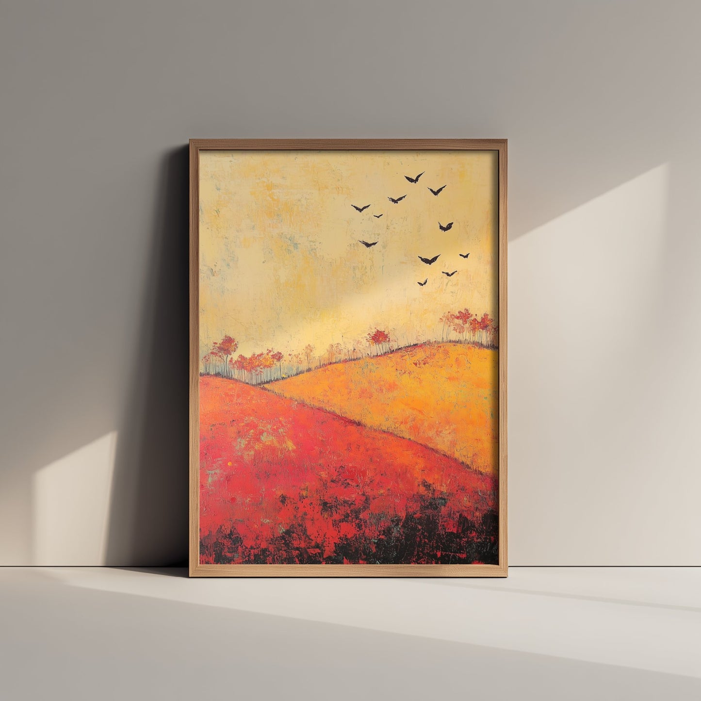 Rolling Hills Landscape Art Print - Butterfly Meadow Poster - Folk Art Painting - Chartreuse Crimson and Fog 1/3