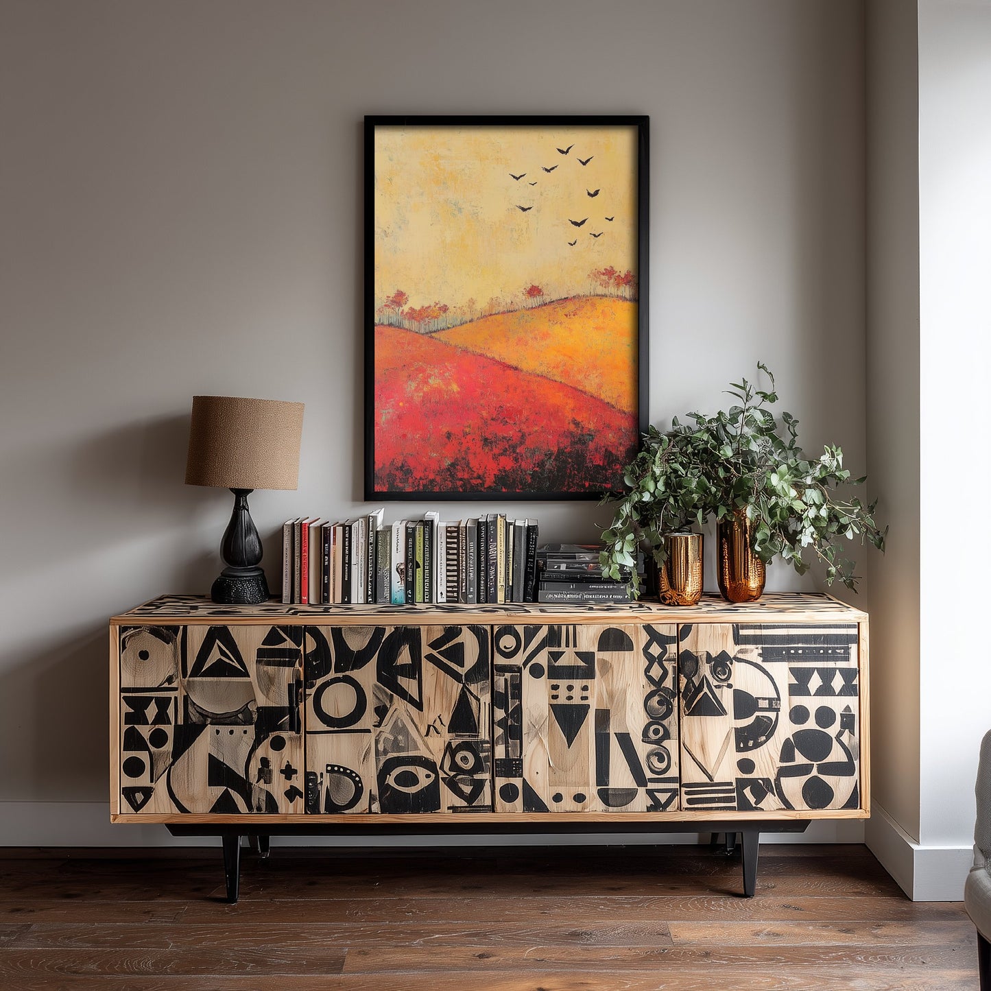 Rolling Hills Landscape Art Print - Butterfly Meadow Poster - Folk Art Painting - Chartreuse Crimson and Fog 1/3